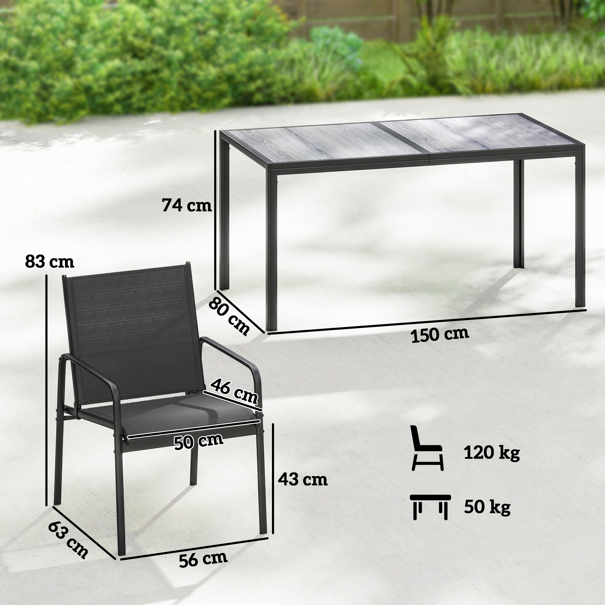 Gartenmöbel Set Sitzgruppe 150 x 80cm Tisch mit 6 Atmungsaktiven Stühlen Holzoptik Stahlrahmen Schwarz