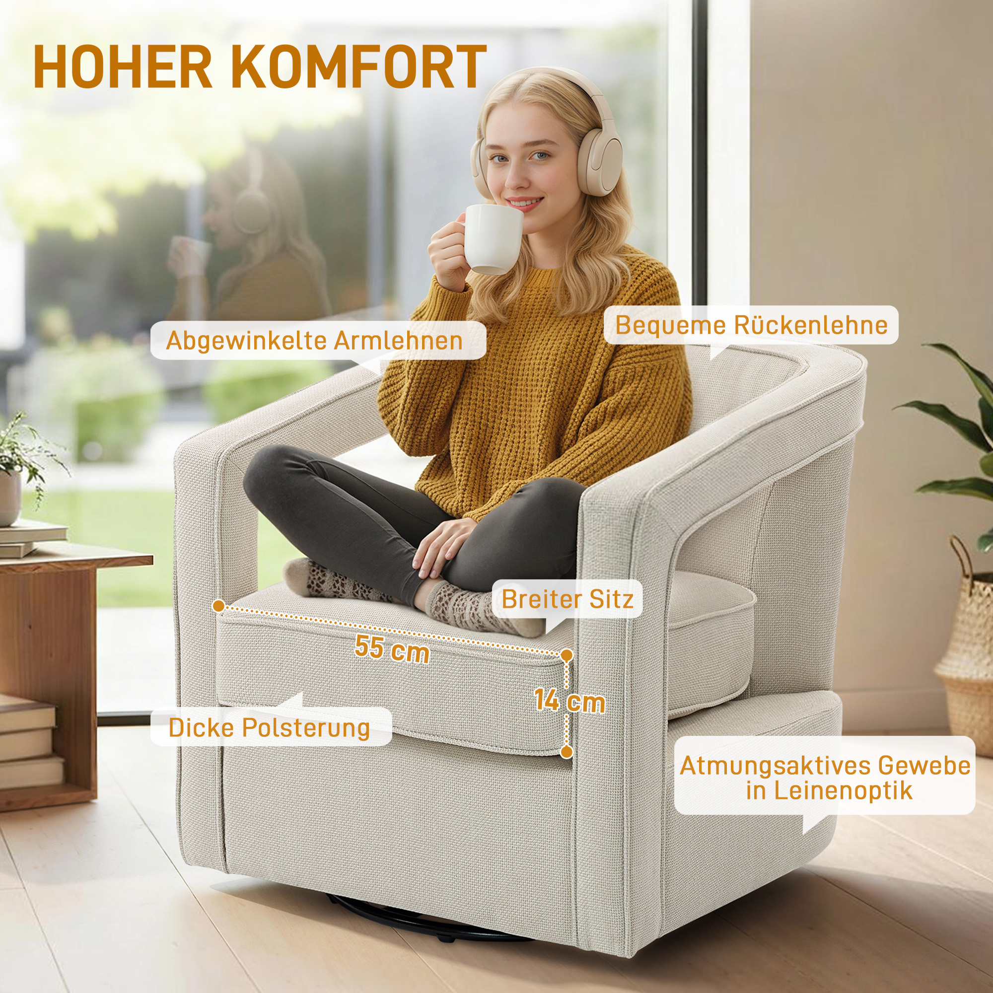 Sessel Wohnzimmer 360° drehbar Loungesessel Relaxsessel mit einteilig Rückenlehne und Armlehnen 77 x 75 x 72 cm Beige