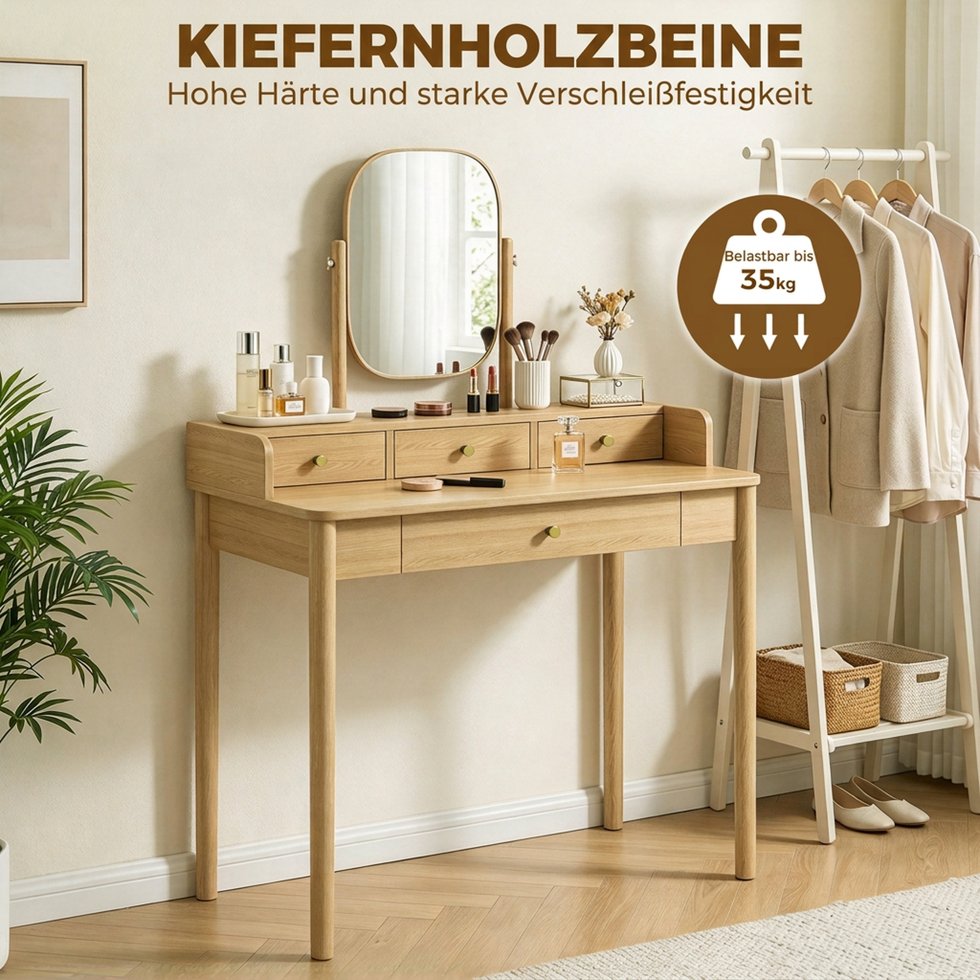Schminktisch mit Spiegel, Kiefernholz Frisiertisch mit 4 Schubladen, Ablagefläche für Schlafzimmer, Eiche