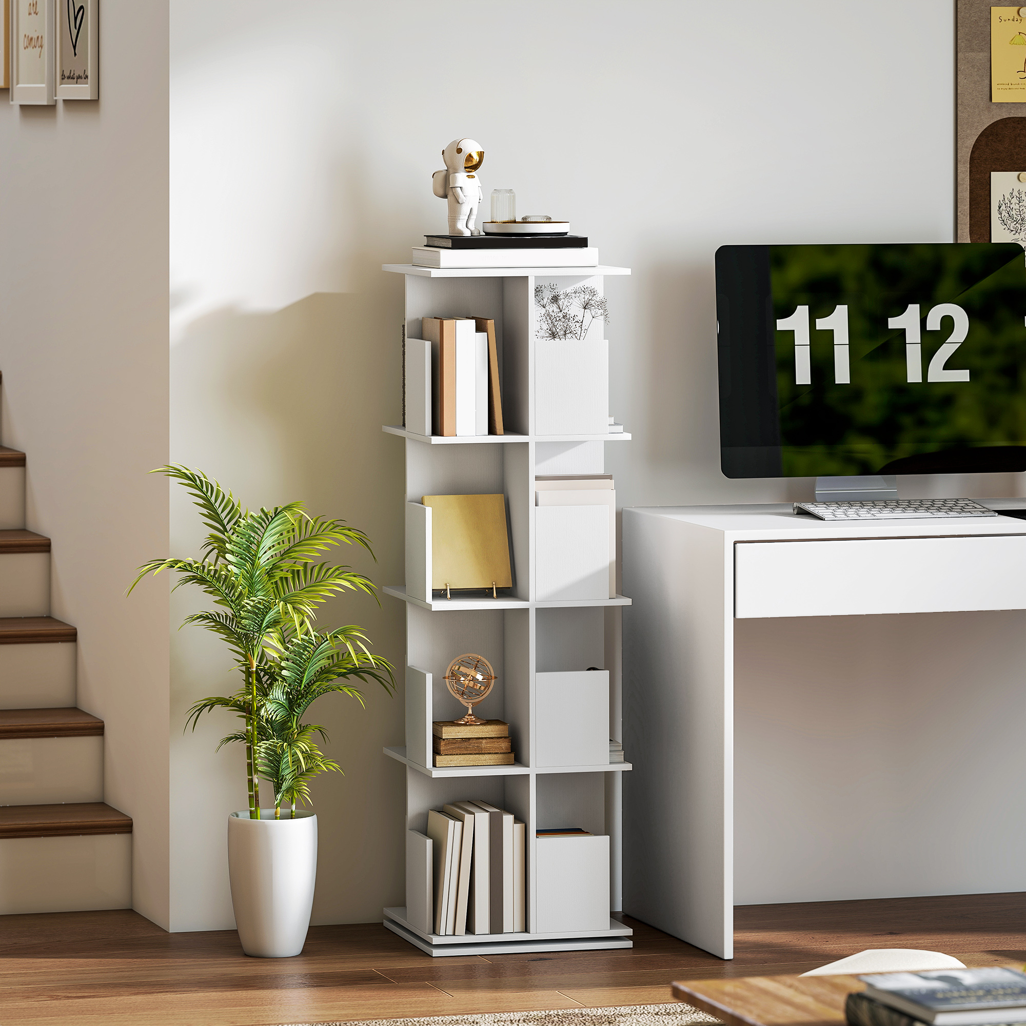 drehbares Bücherregal mit 4 Ebenen, 16 Fächer, leicht zugänglich, für Schlafzimmer, Wohnzimmer, Arbeitszimmer, Spanplatte, Weiß