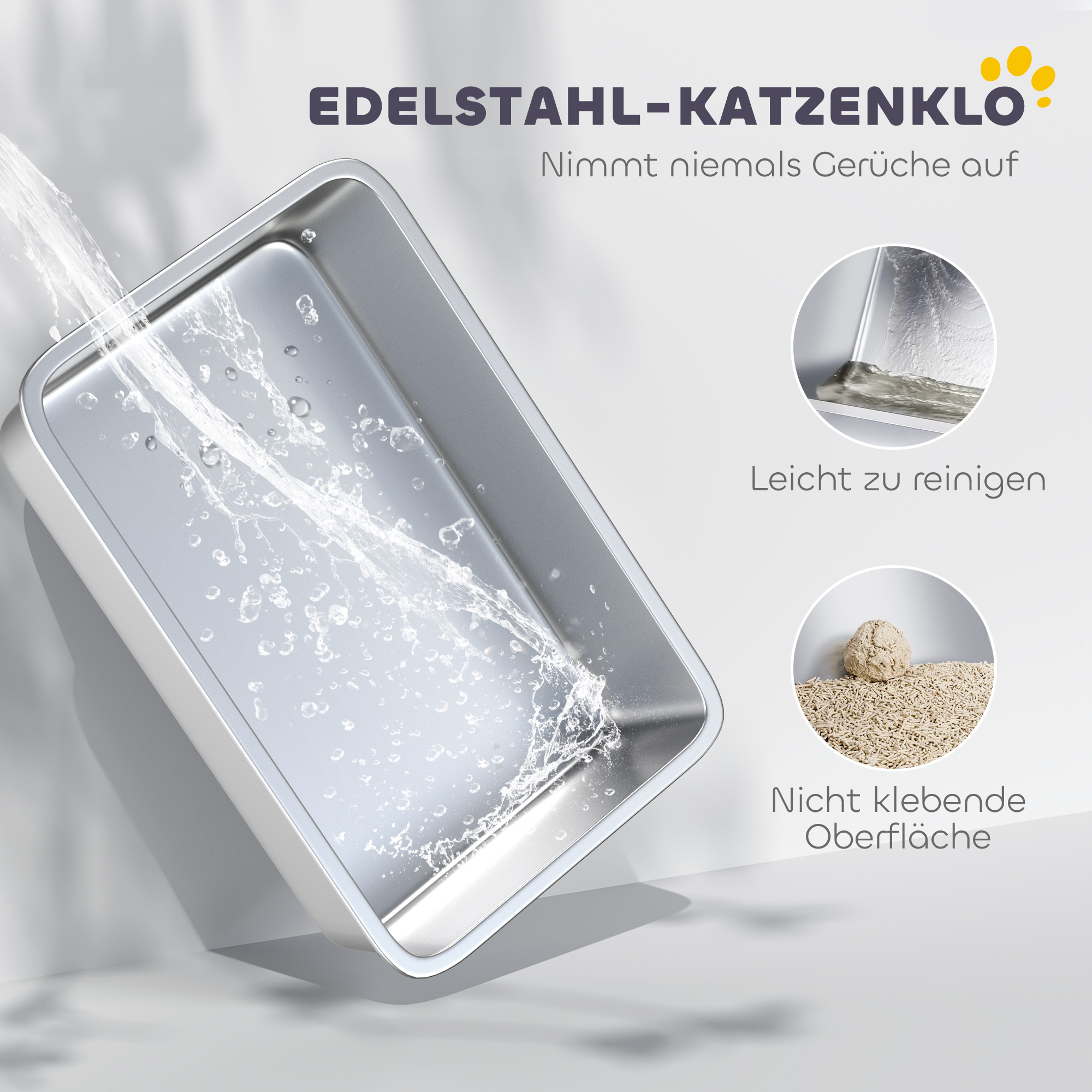 Katzentoilette Edelstahl Offene Katzenklo mit Schaufel hohem Rand für große Katzen bis 12 kg 69,8 x 50,3 x 29,8 cm Grau