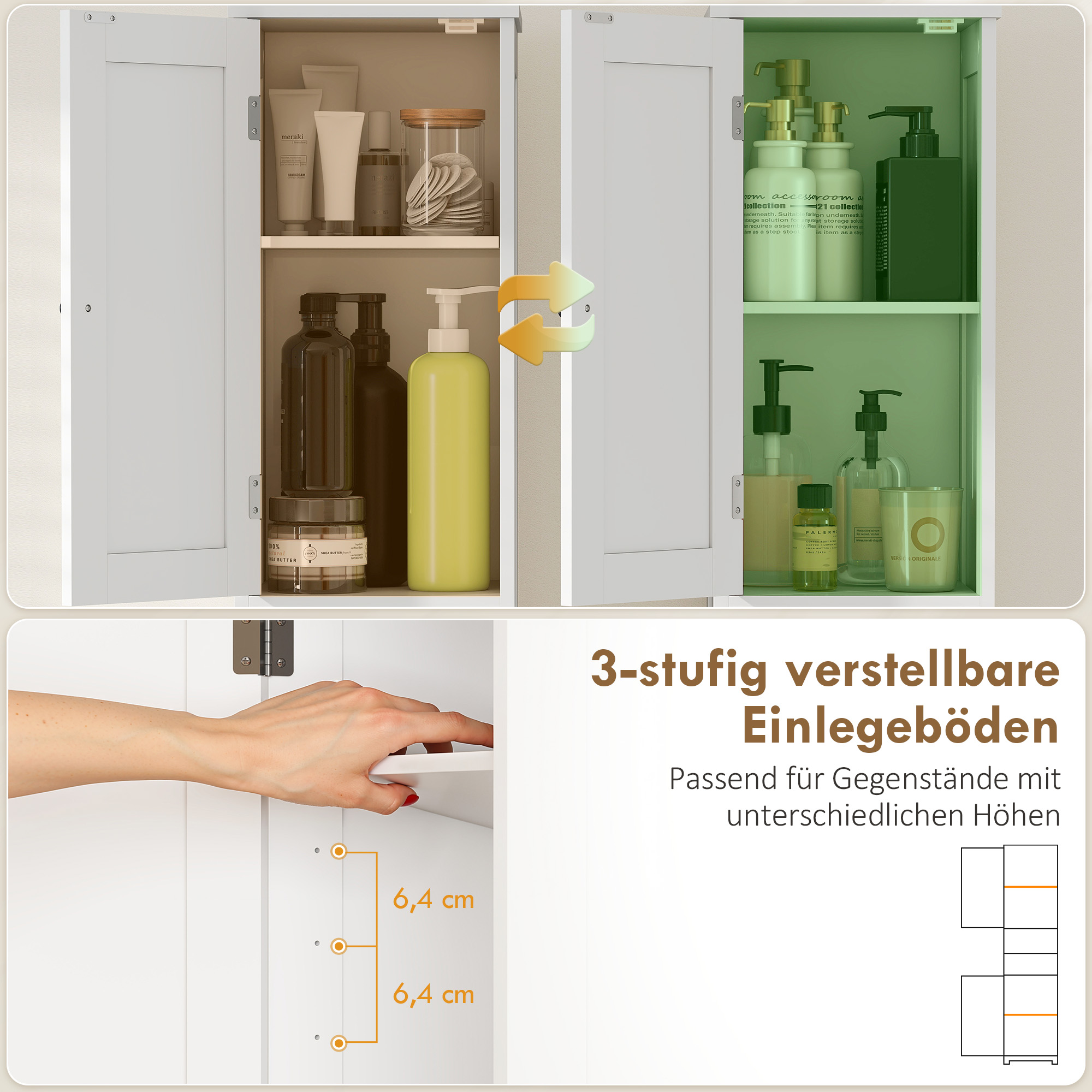 hoher schlanker Badezimmerschrank mit Türen, offene Regale, 30 x 30 x 170 cm, Weiß