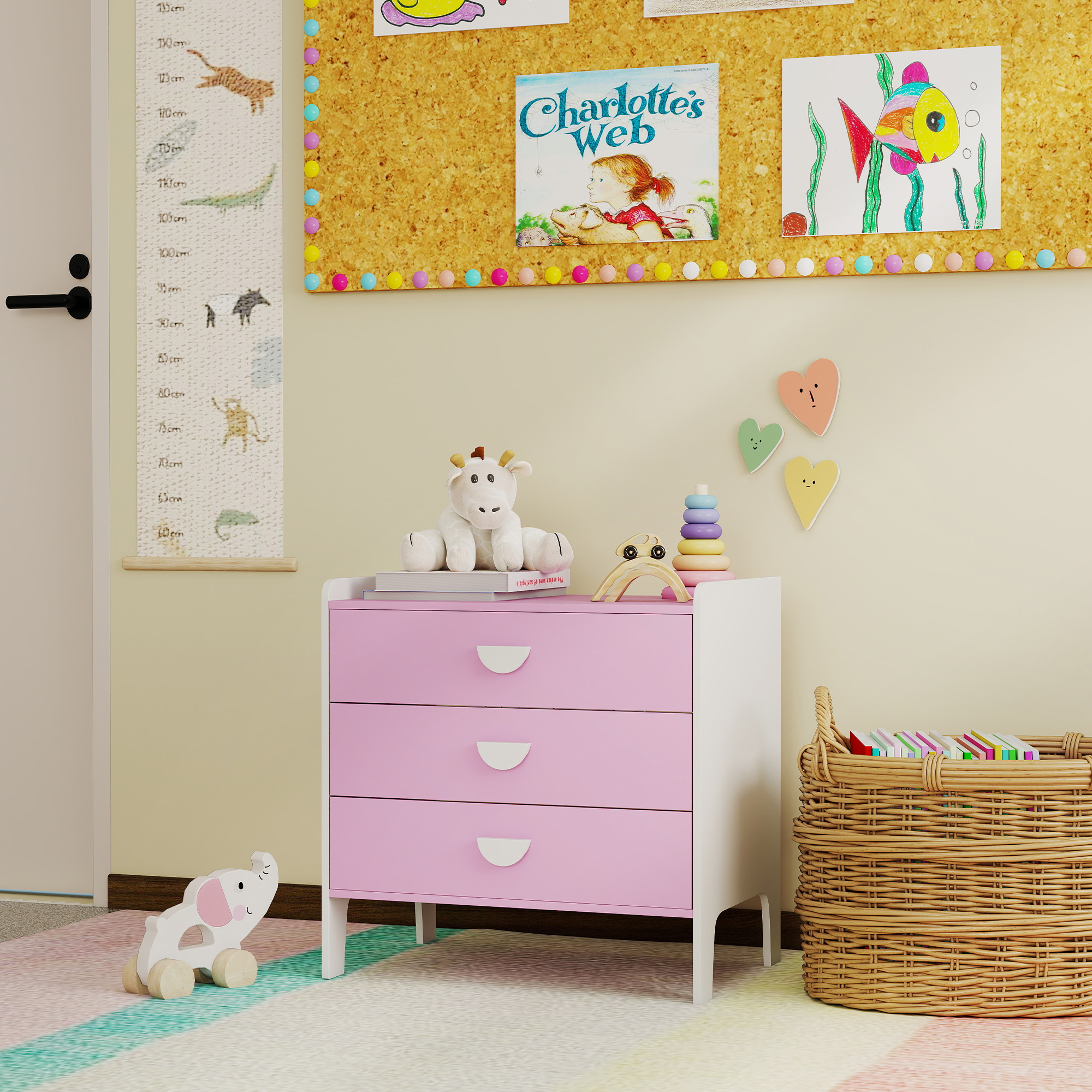 Kinder-Kommode mit 3 Schubladen, MDF, Aufbewahrungsschrank für Kinder, Rosa+Weiß