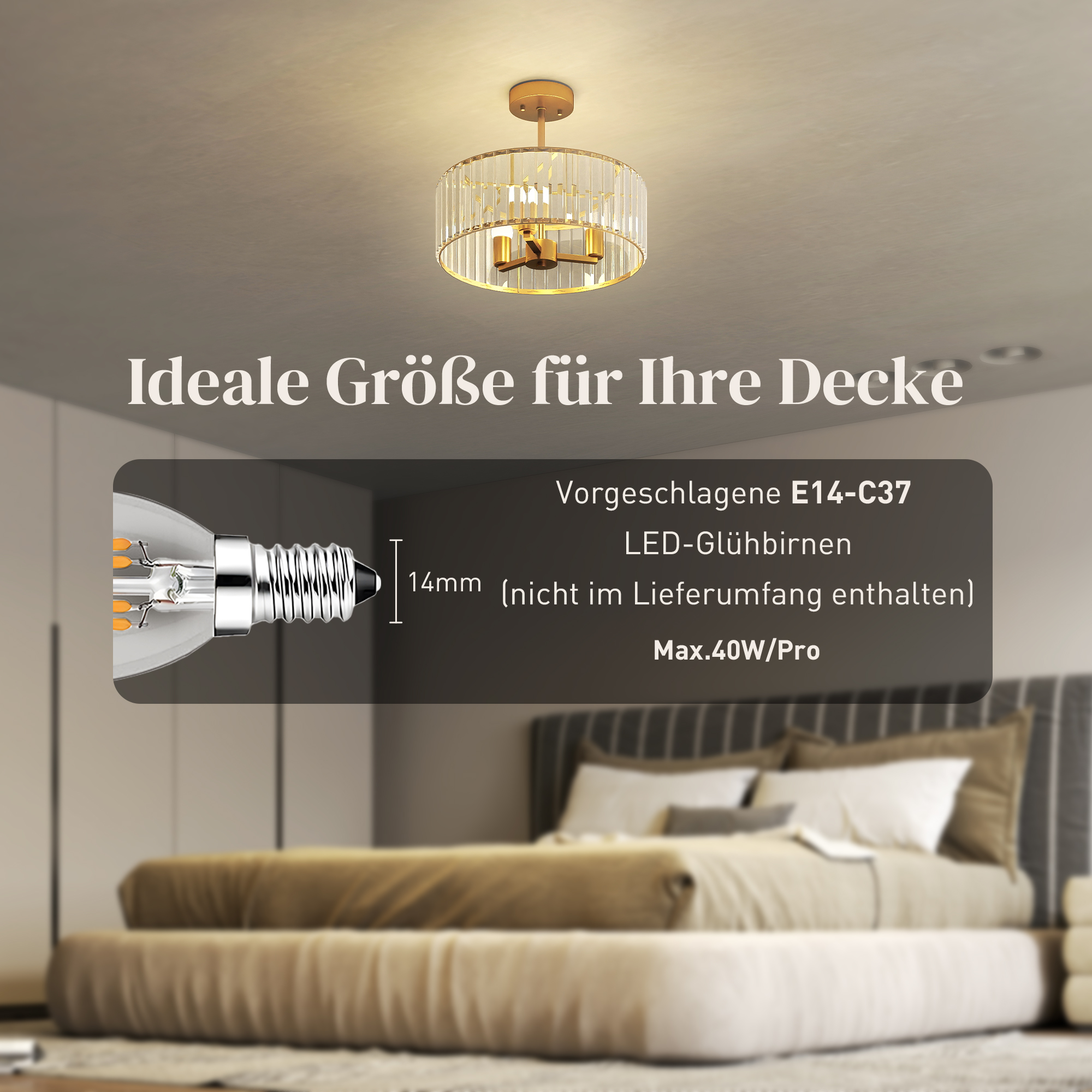 Deckenlampe, Kronleuchter-Design, Kristallschirm, 3 Glühbirnen, Metall, Goldfarben