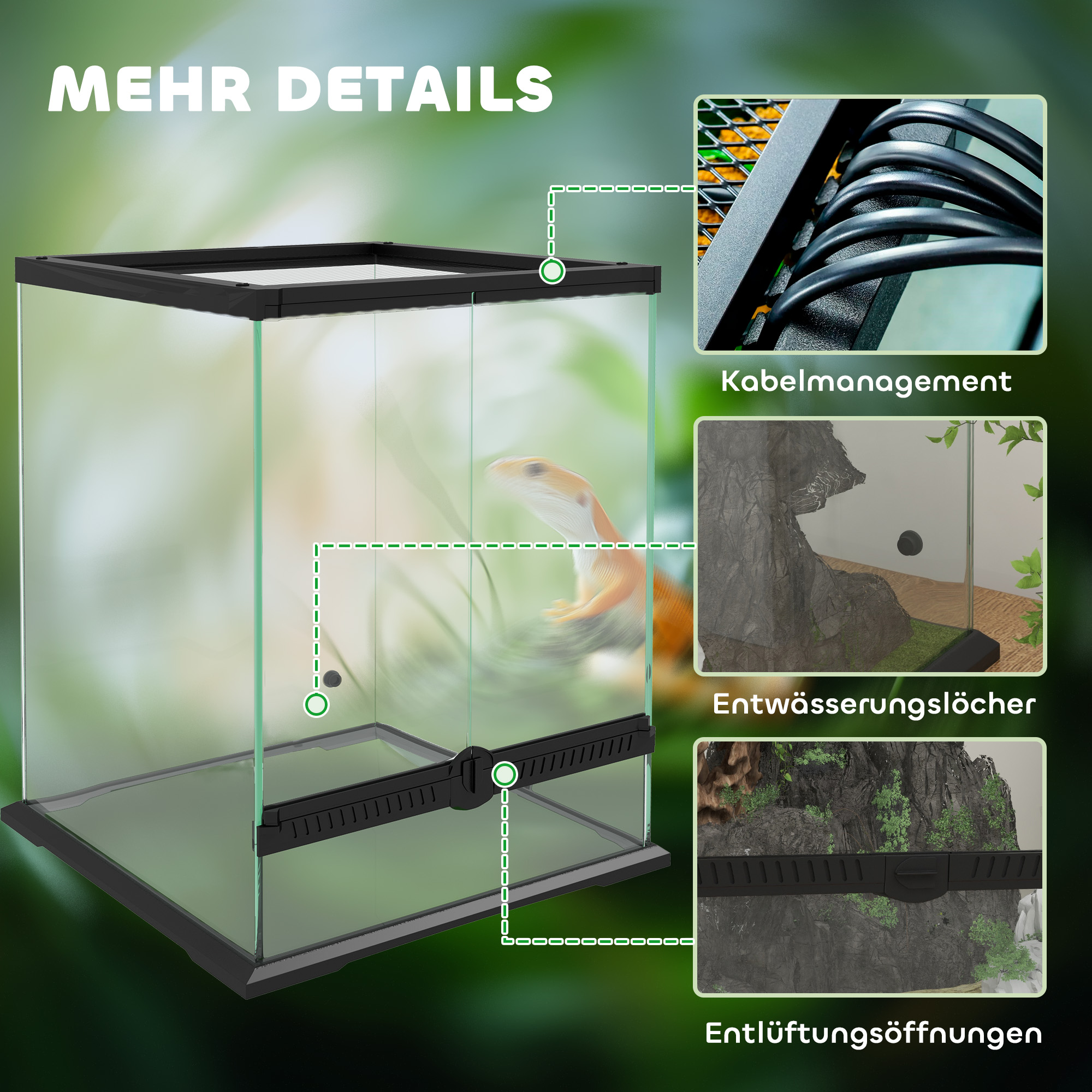 Terrarium, Glasgehäuse, verriegelbar, Kabelmanagement, 45x45x60cm, Schwarz