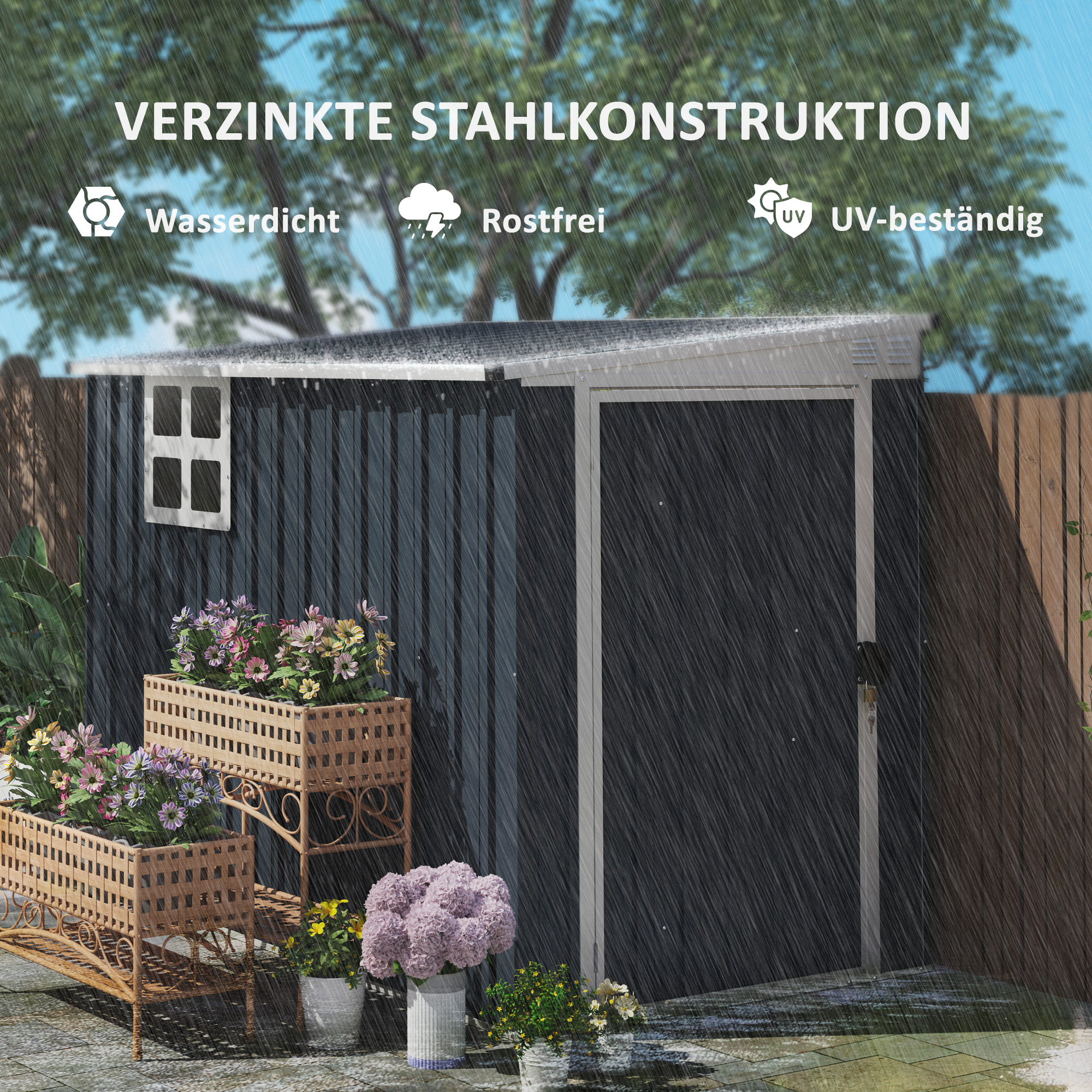Gartenlagerschuppen, Werkzeugschuppen für Gartengeräte, Fenster, Lüftungsöffnungen, abschließbar, Stahl, Dunkelgrau