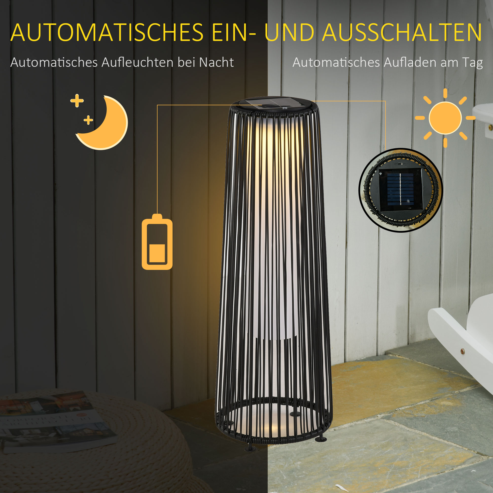 Gartenleuchte, Außenlampe, solarbetrieben, 8 Stunden Betrieb, Rattanoptik, schwarz, 21,5 x 21,5 x 61 cm