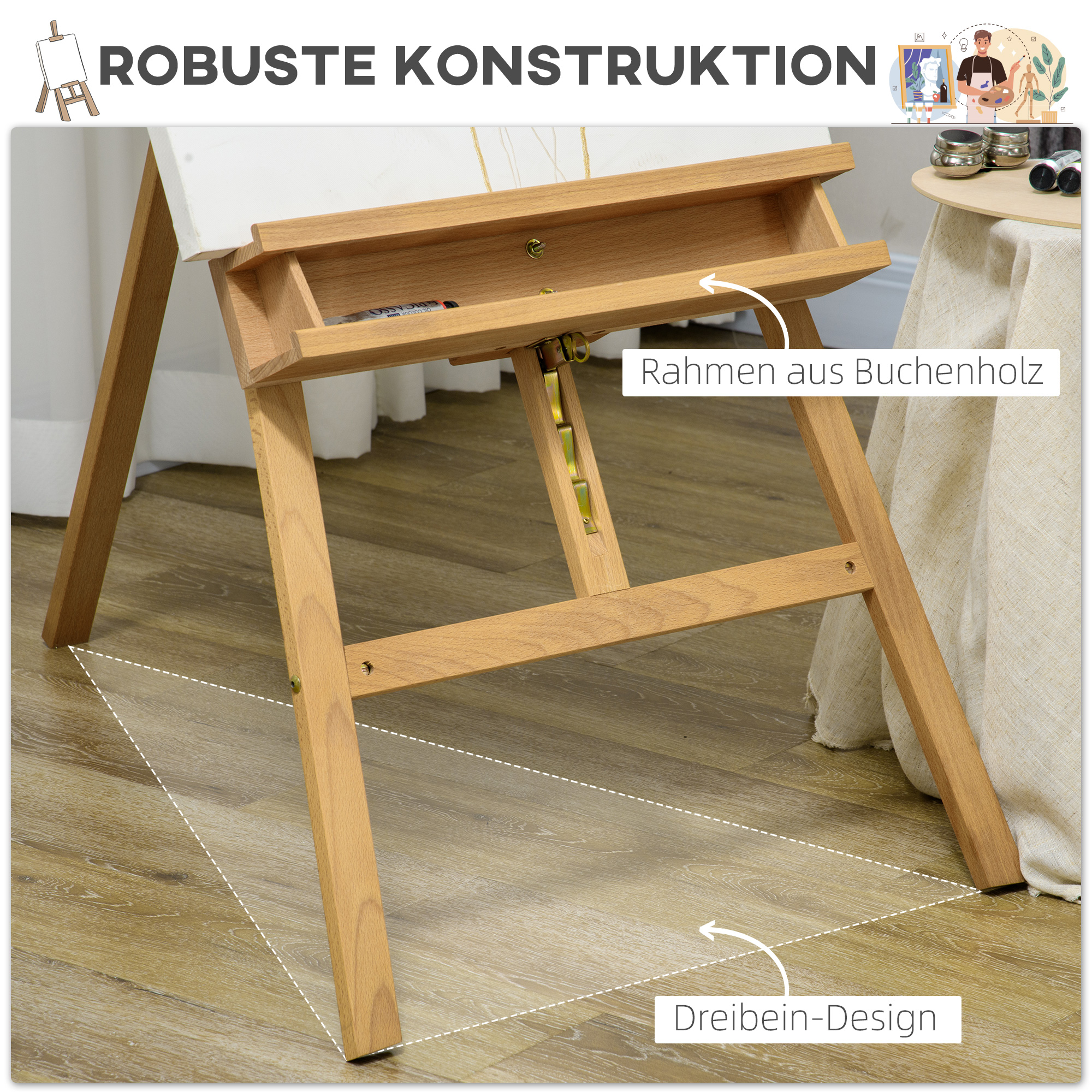 Staffelei, Holzstaffelei, höhenverstellbar, klappbar, Stiftablage, Buchenholz, 65 x 110 x 180-235 cm