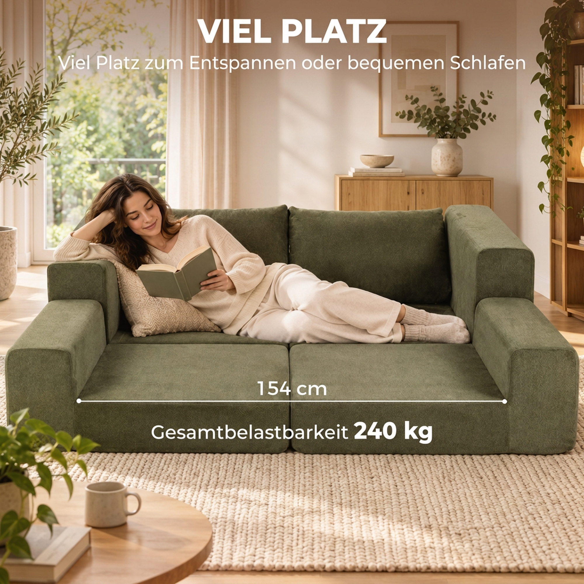 Schlafsofa 4-in-1 Schlaffunktion ausziehbar Klappsofa Kissen 2 Sitzer Grün