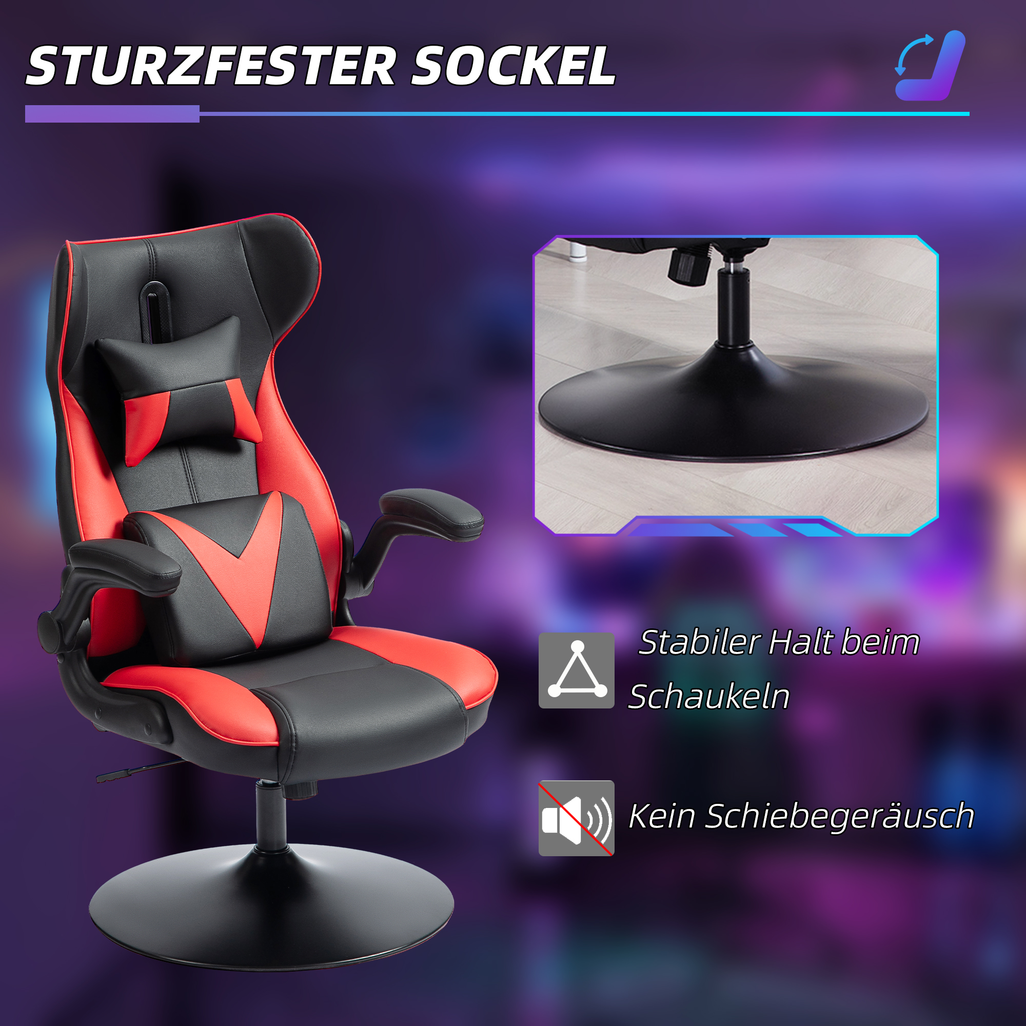 Gaming-Stuhl mit Schaukelfunktion, Drehstuhl, höhenverstellbar, gepolsterter Sitz, Metall, 67 x 71 x 112 cm, Rot