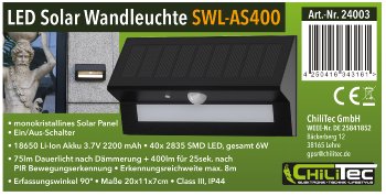 LED Solar Wandleuchte "SWL-AS400" / IP44, warmweiß 3000K, PIR Sensor