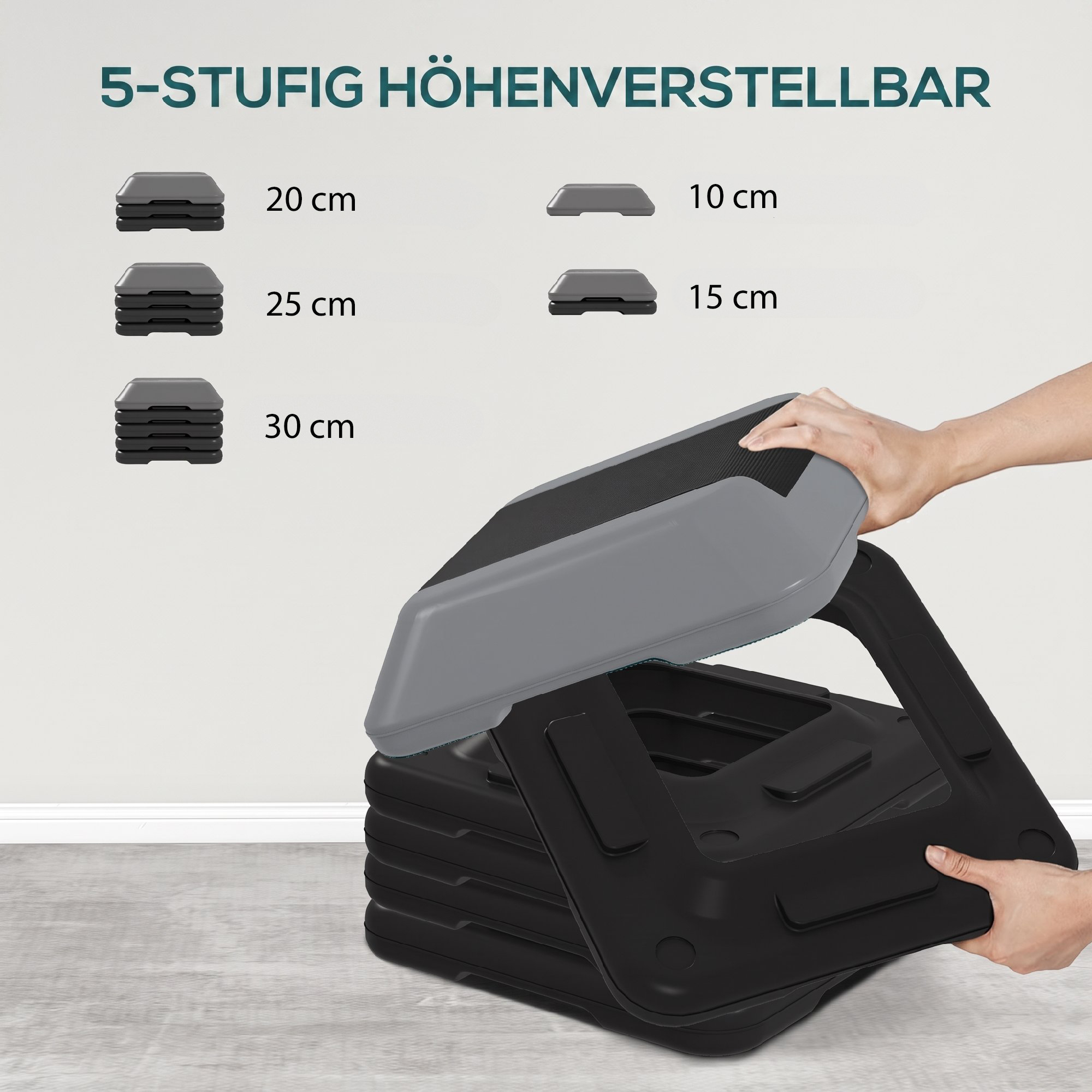 Steppbrett höhenverstellbar Fitness Aerobic Stepper mit 5 Stufen 10-30 cm, Anti-Rutsch-Matte, Rutschfest kompaktes Step Bench bis 150 kg für Zuhause Fitnessstudio Büro Grau