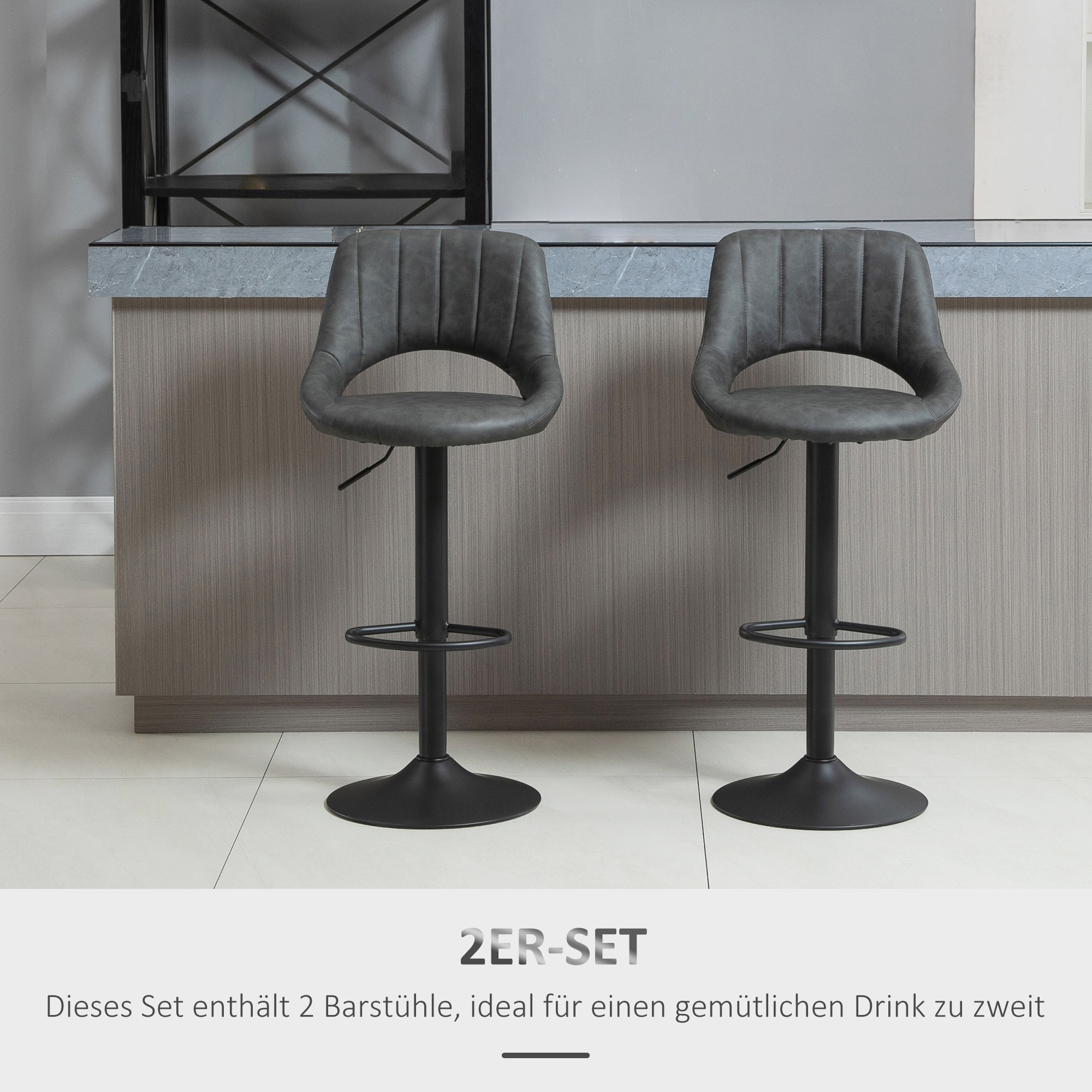 Barhocker 2er-Set, Lederoptik, drehbar, höhenverstellbar, Fußstütze, Metallrahmen, 47 x 52 x 87-109 cm, Grau
