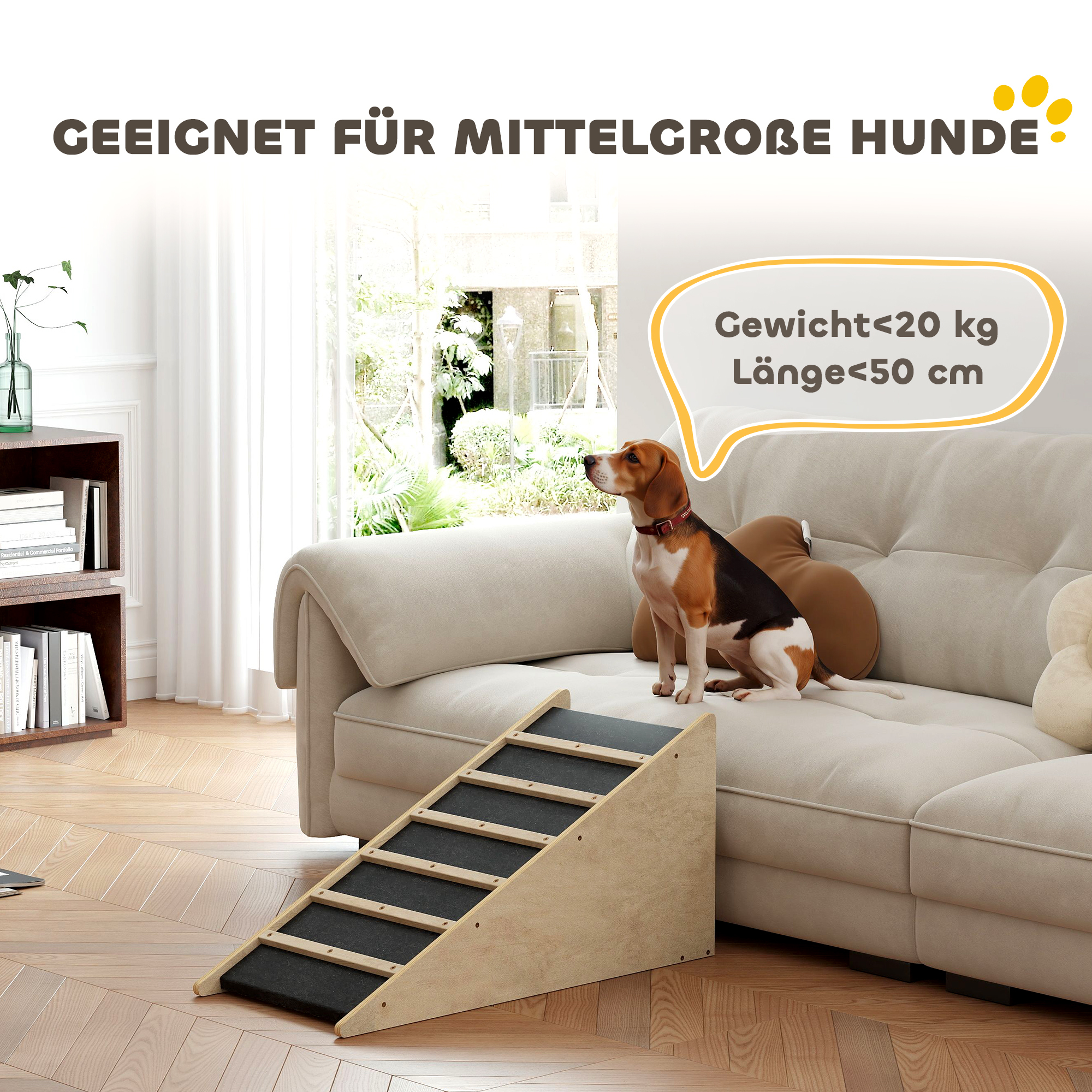 Haustiertreppe, Hundetreppe, Kiefernholz, Anti-Rutsch-Beschichtung, 90 cm x 40 cm x 45 cm, Natur + Grau