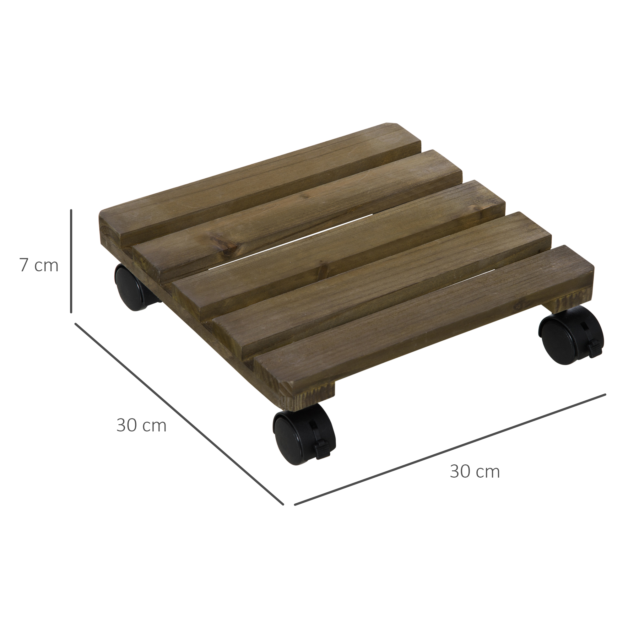 2er-Set rollende Pflanzenständer, Massivholz, 4 Rollen mit Bremsen, 30 cm x 30 cm x 7 cm, Braun + Schwarz