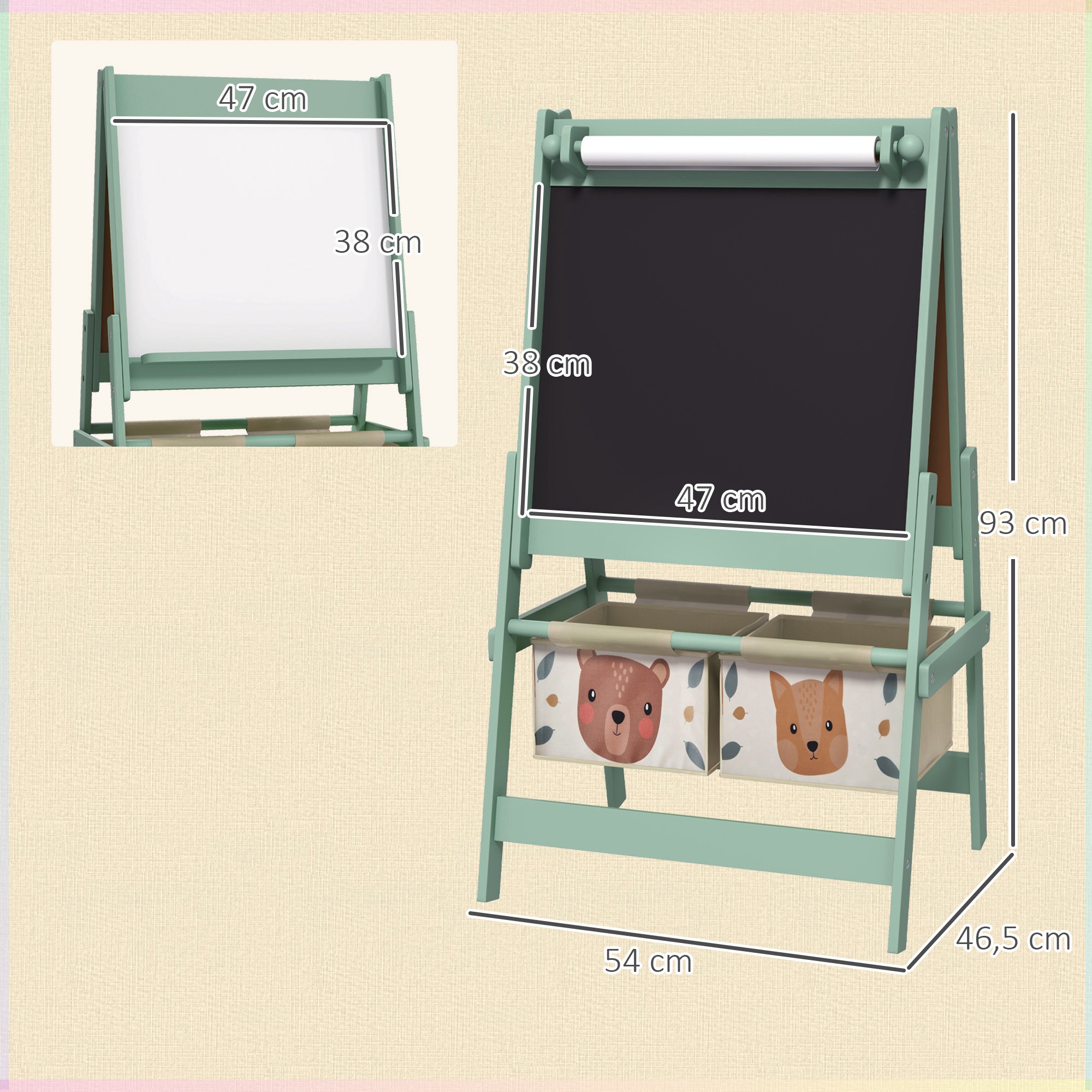 3-in-1 Kinder Staffelei mit Papierrolle, Kreidetafel, Whiteboard, Aufbewahrungskörbe, 54 x 46,5 x 93 cm, grün