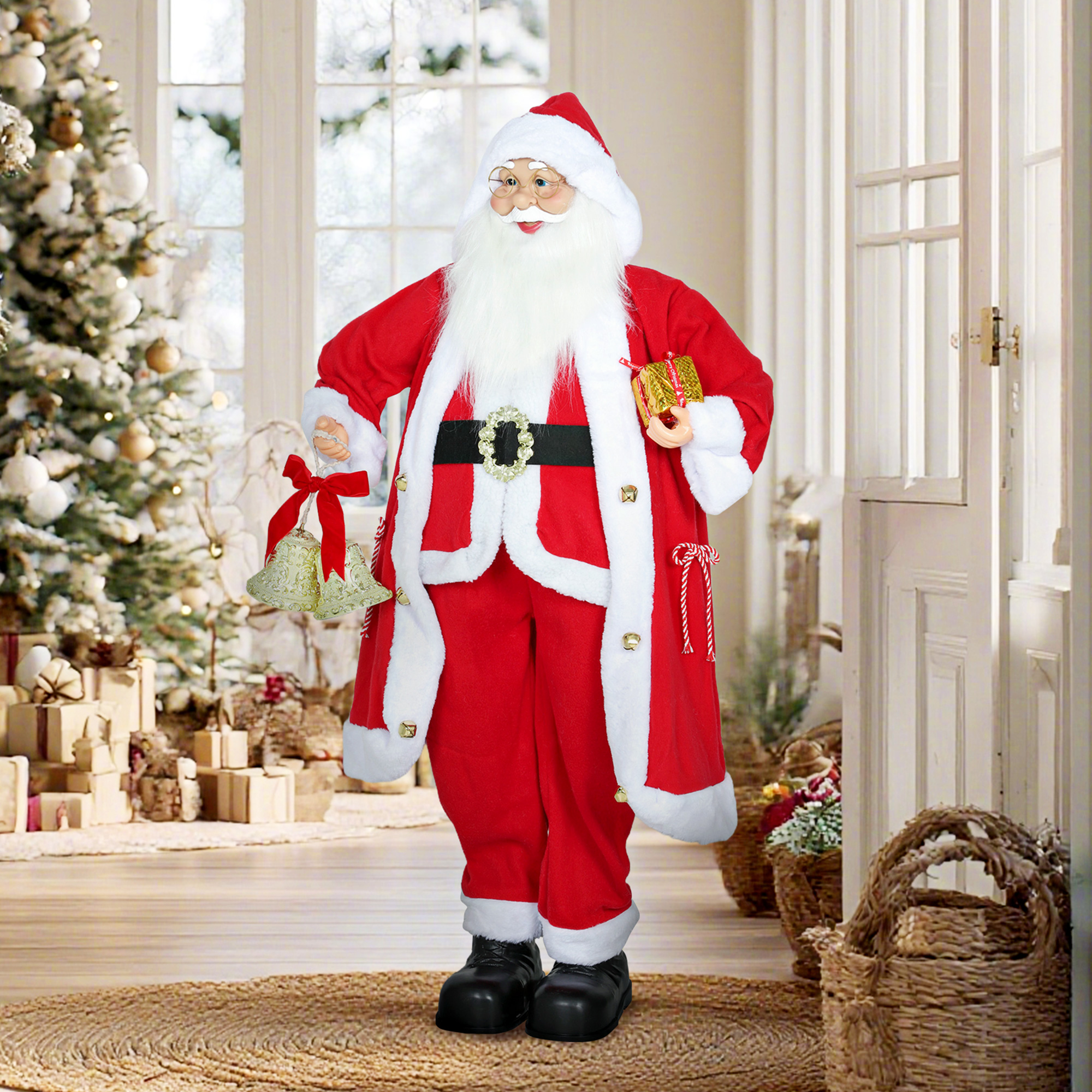 Weihnachtsmann 1,15 m stehende Weihnachtsmann mit Geschenk- und Weihnachtsglock Indoor, Rot