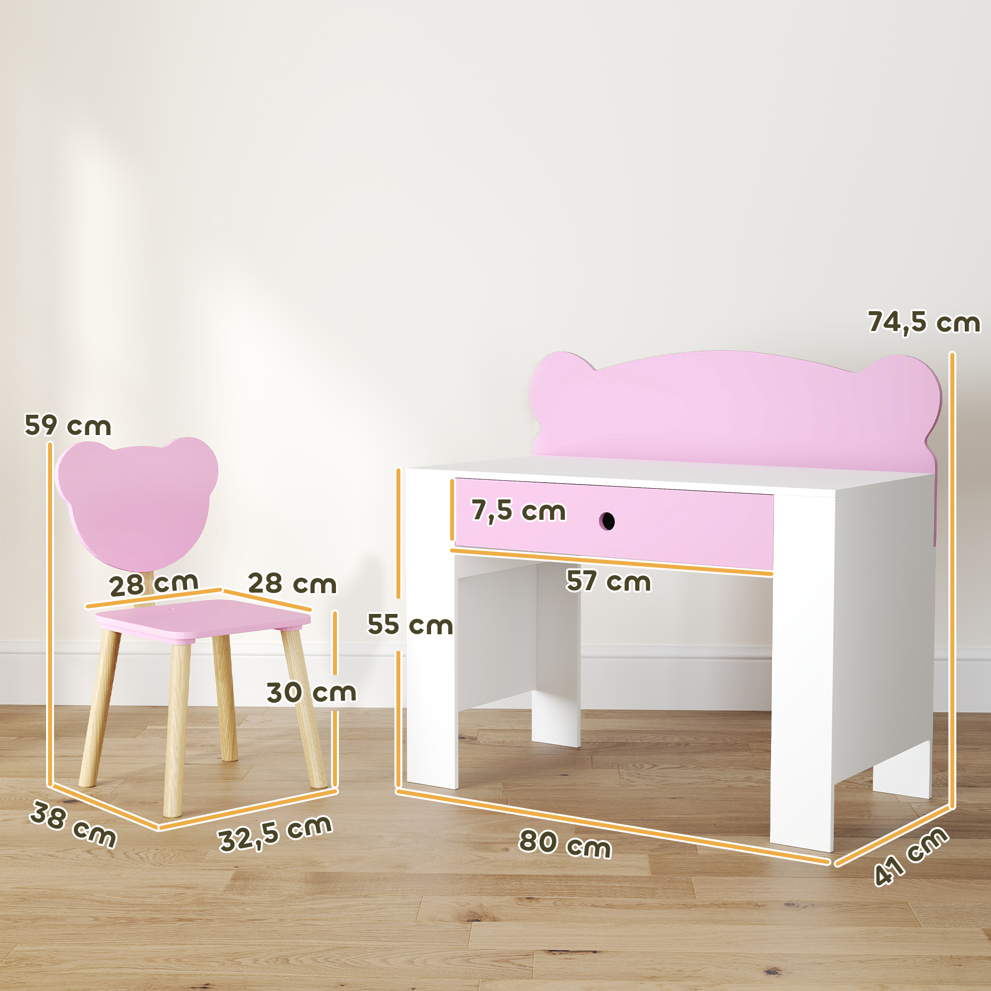 Schreibtisch-Set für Kinder, Arbeitstisch und Stuhl mit Bärenform, Schublade, zum Schreiben und Basteln, 3-8 Jahre, Rosa