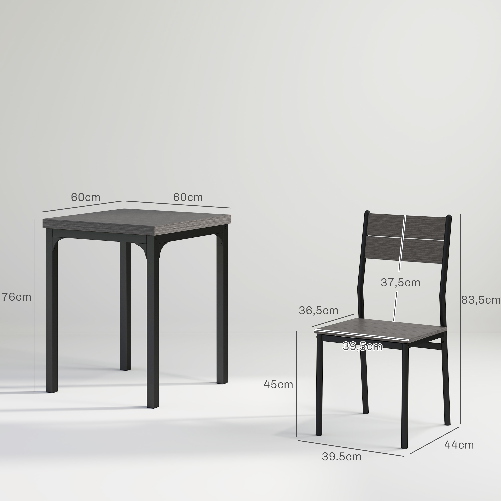 3-teilige Essgruppe, Esstisch-Set, 1 Tisch, 2 Stühle, MDF+Metall, Grau