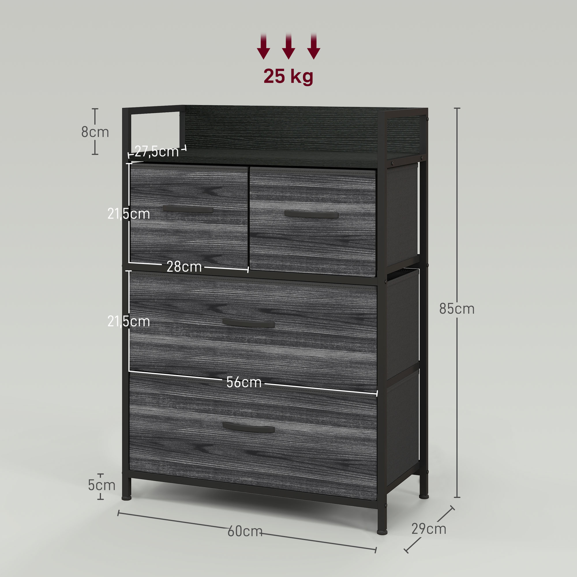 Kommode, Sideboard, 4 Stoffschubladen, Industrial Design, 60x29x85cm, Schwarz