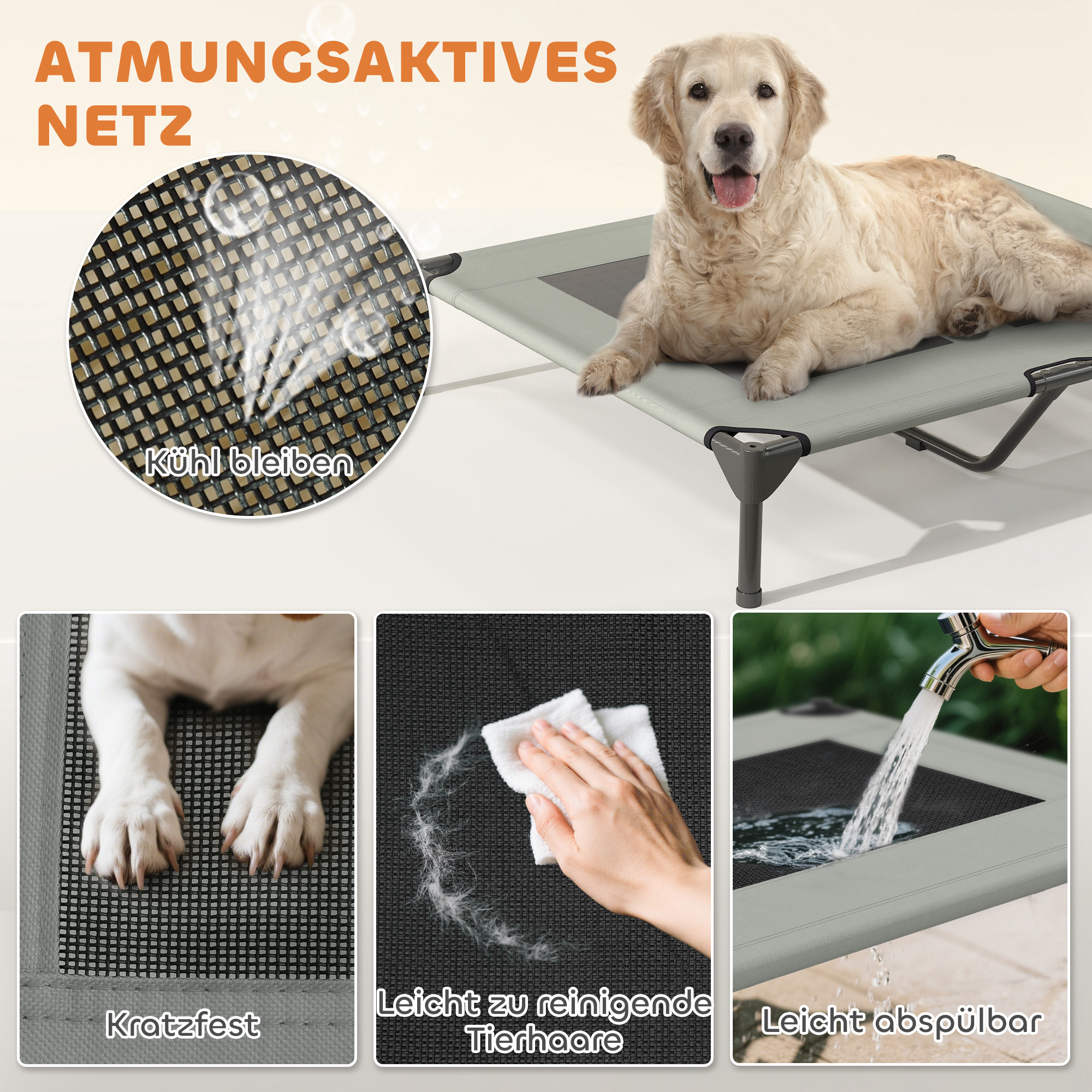 Hundeliege Outdoor mit Dach, erhöhtes Hundebett für Große Hunde, 91 x 76 x 90 cm, Hellgrau