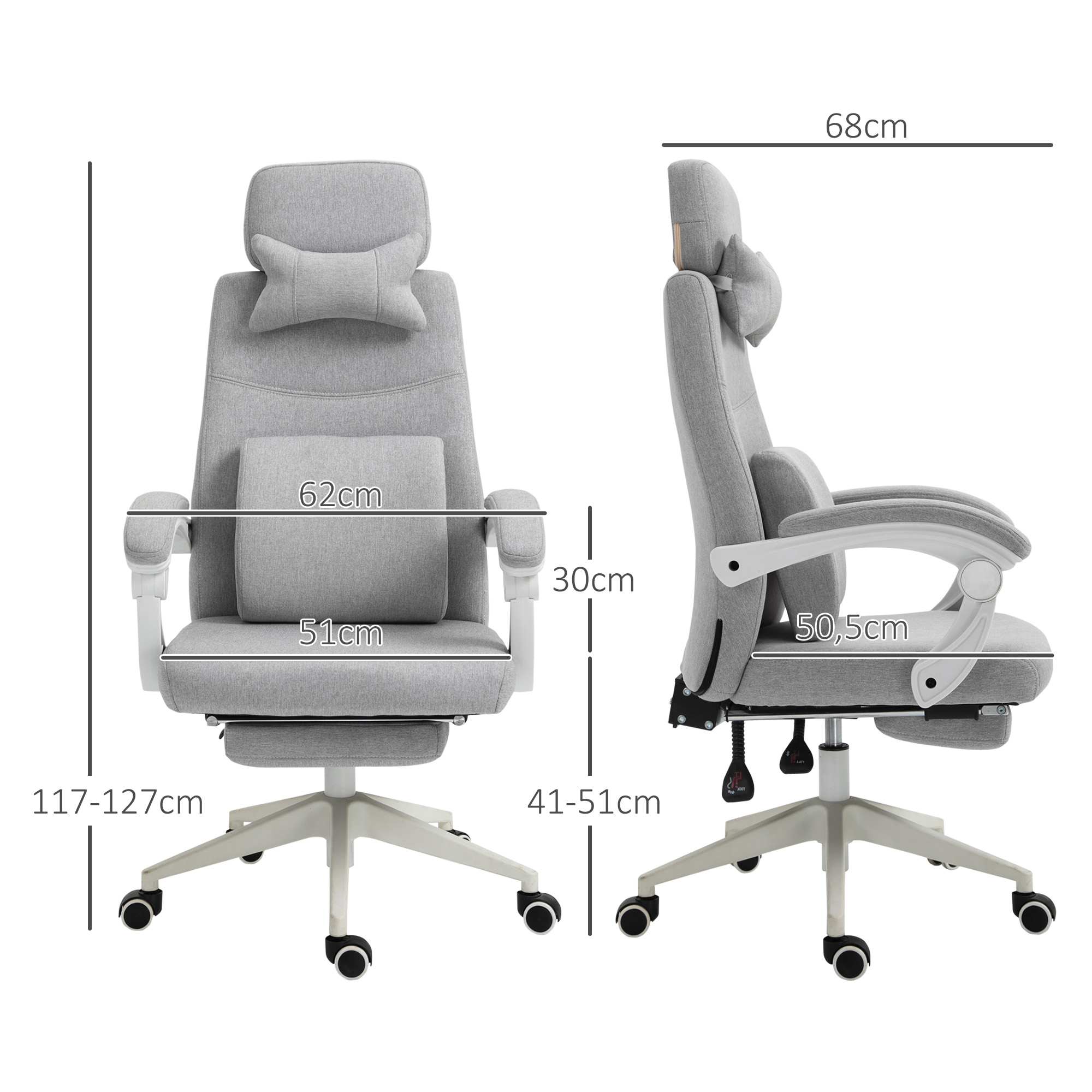 Bürostuhl, Ergonomischer Schreibtischstuhl mit Kopfkissen, Lendenkissen, höhenverstellbar Gamingstuhl mit Fußstütze, hoher Rückenlehne, Grau 62 x 68 x 117-127 cm
