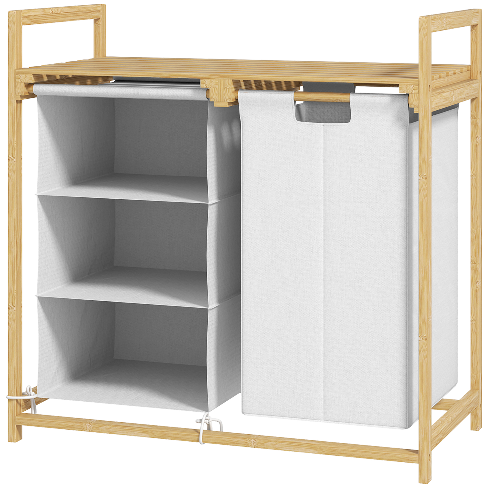 Wäschekorb mit Wäschesack, Stoffschublade, Bambus, 70x36x70 cm, Weiß/Holz