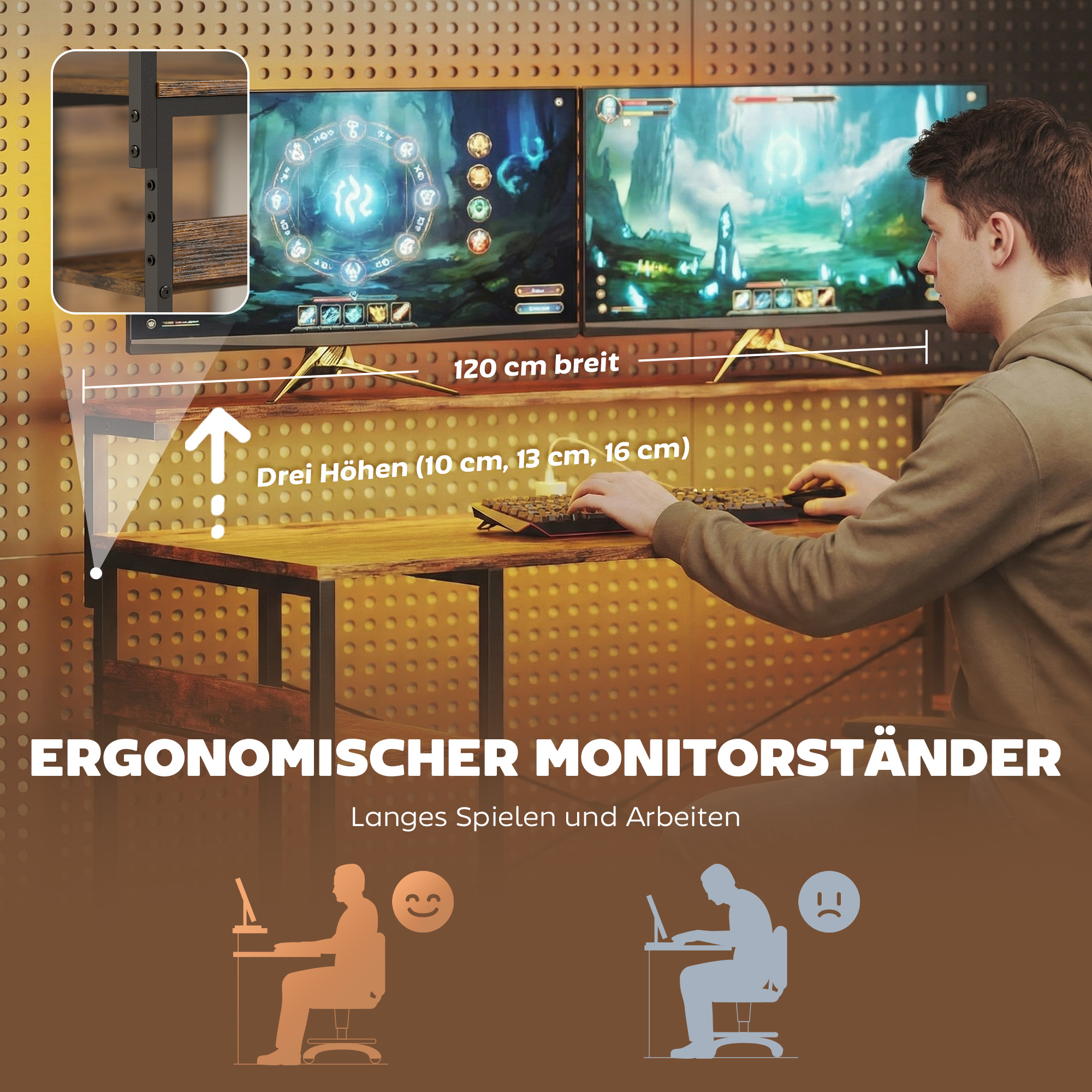 Gaming Tisch L-förmig Schreibtisch mit Stromanschluss LED-Beleuchtung 4 Schubladen Monitorständer 155x110x91,4 cm Braun