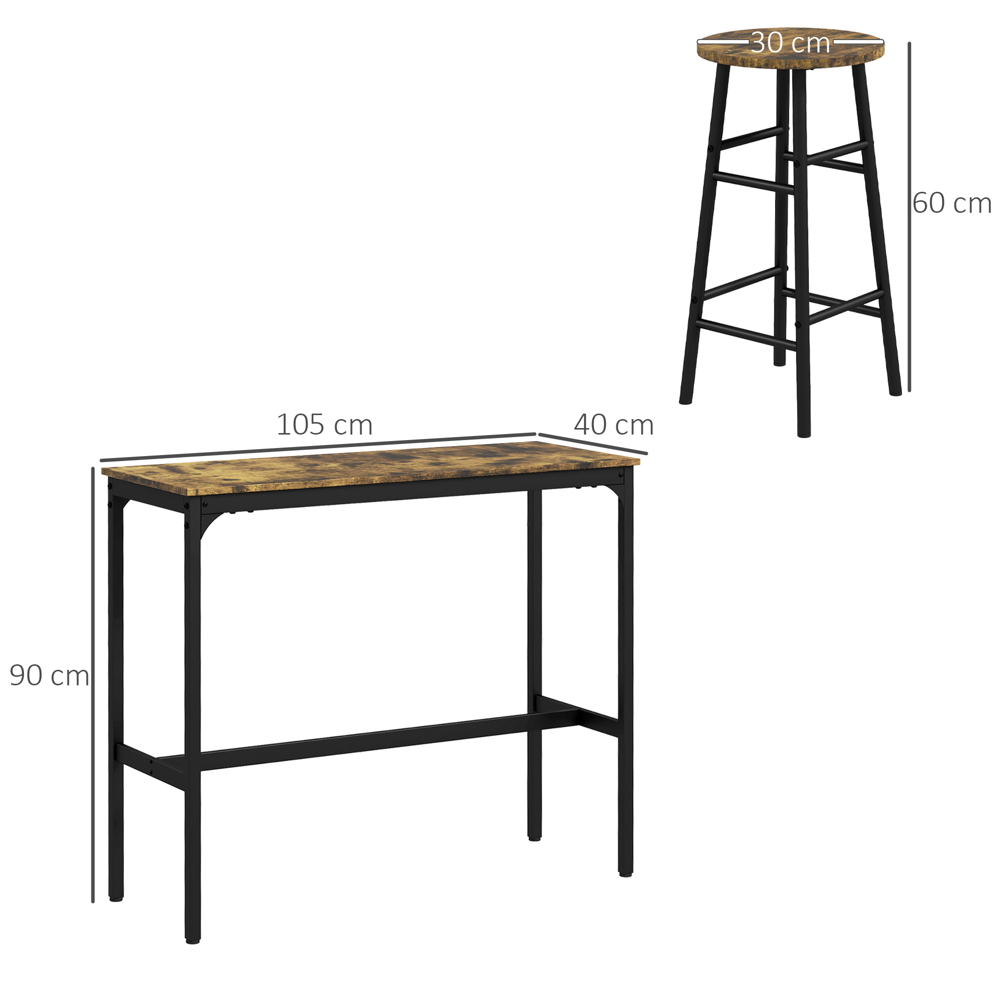 Bartisch mit 2 Stühlen im Industriedesign 2er-Set Barhocker mit Tisch, Industriedesign, 3-teilig, Braun + Schwarz