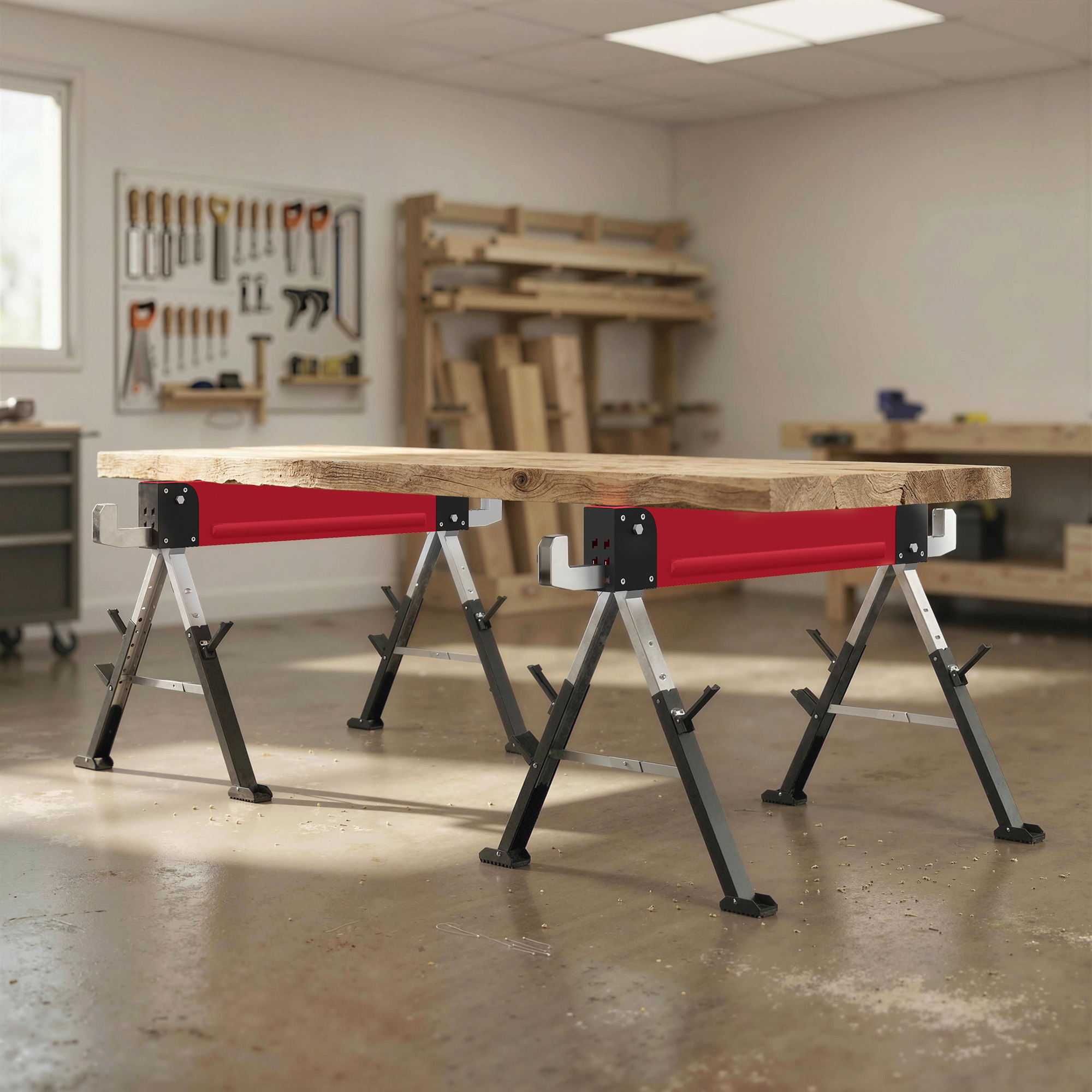 2er Set Arbeitsbock bis 1160 kg klappbar Sägebock 7-fach höhenverstellbar 64-81 cm Gerüstbock aus Metall mit Griff Rot