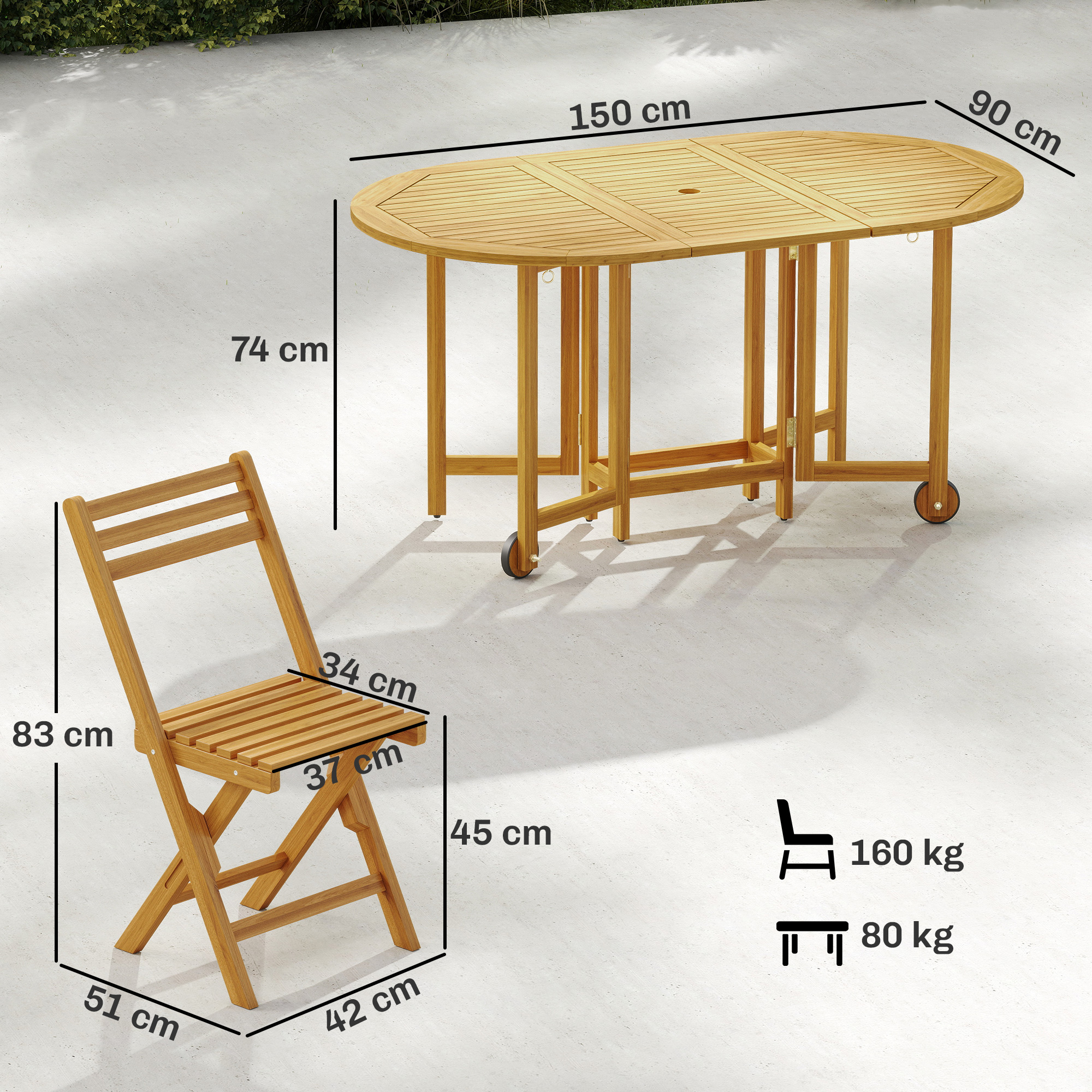 Gartenmöbel Set FSC Holz Sitzgruppe 7-teilig Klappbar Tisch mit 6 Klappstühlen Schirmloch Lamellendesign