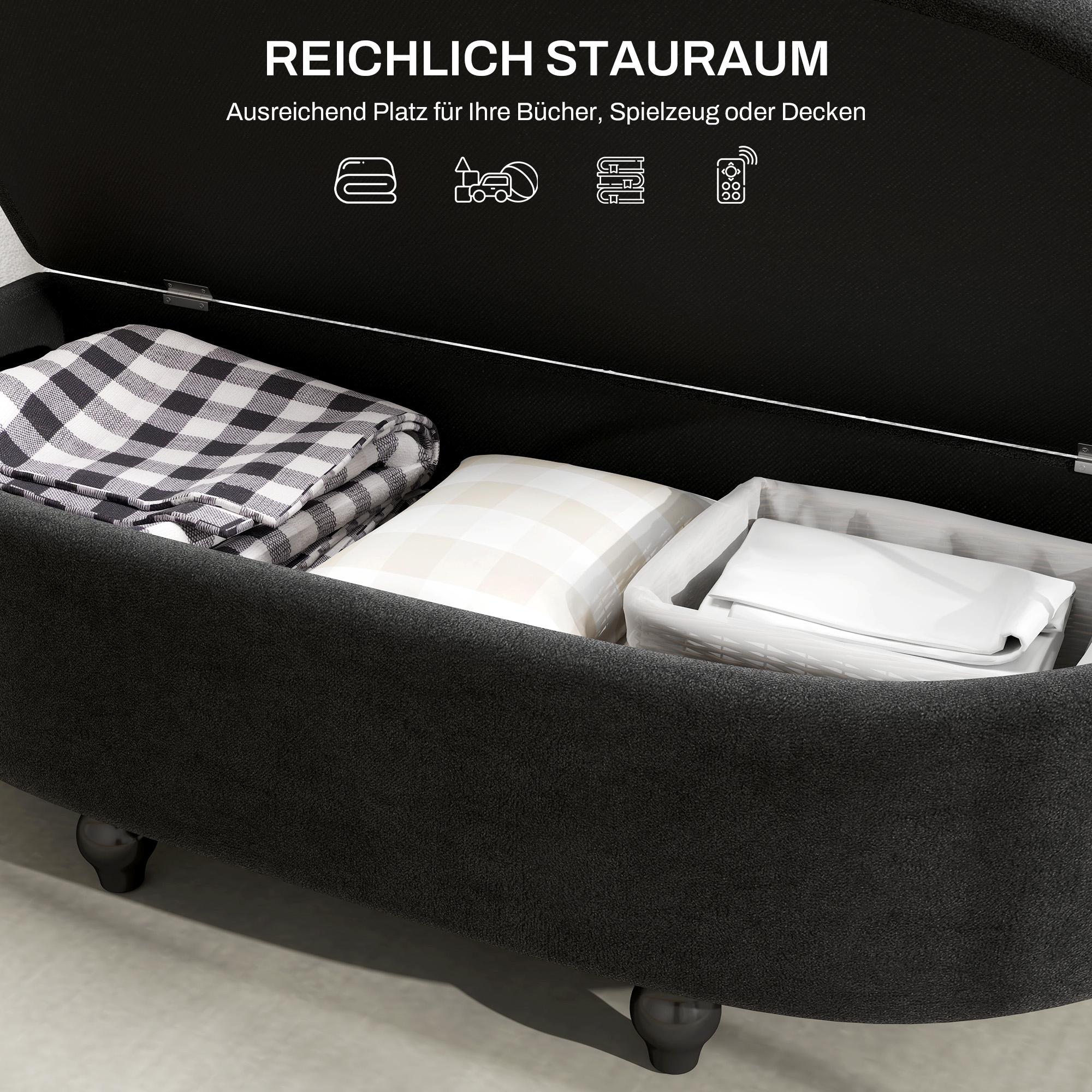 Hocker mit Stauraum, Sitztruhe, gepolstert, soft-close Deckel, Samtoptik, 120 x 46 x 42 cm, Dunkelgrau