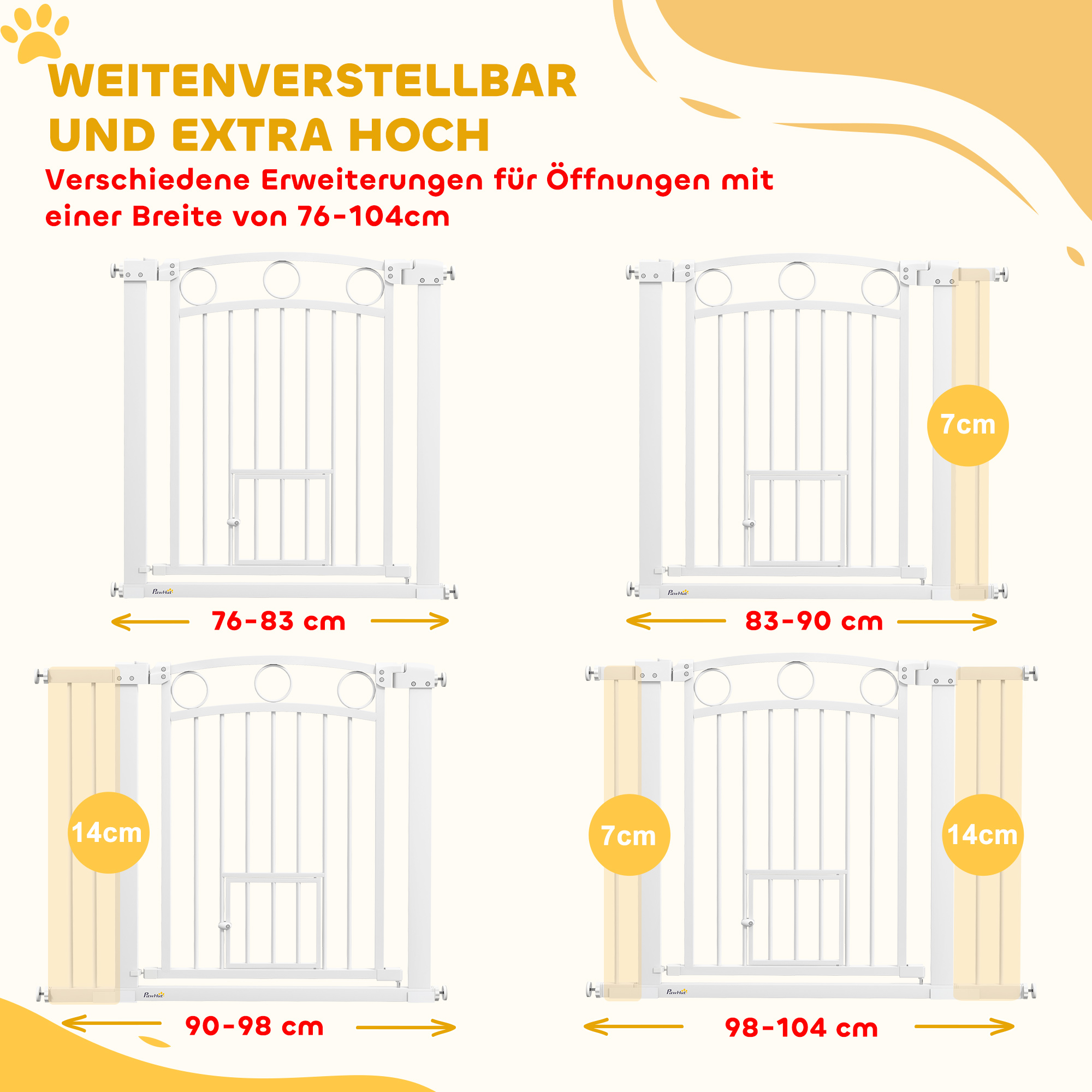 Haustiertor, 77 cm Treppengatter, verstellbare Breite 76-104 cm, mit Katzentür, für Treppen und Türöffnungen, Weiß