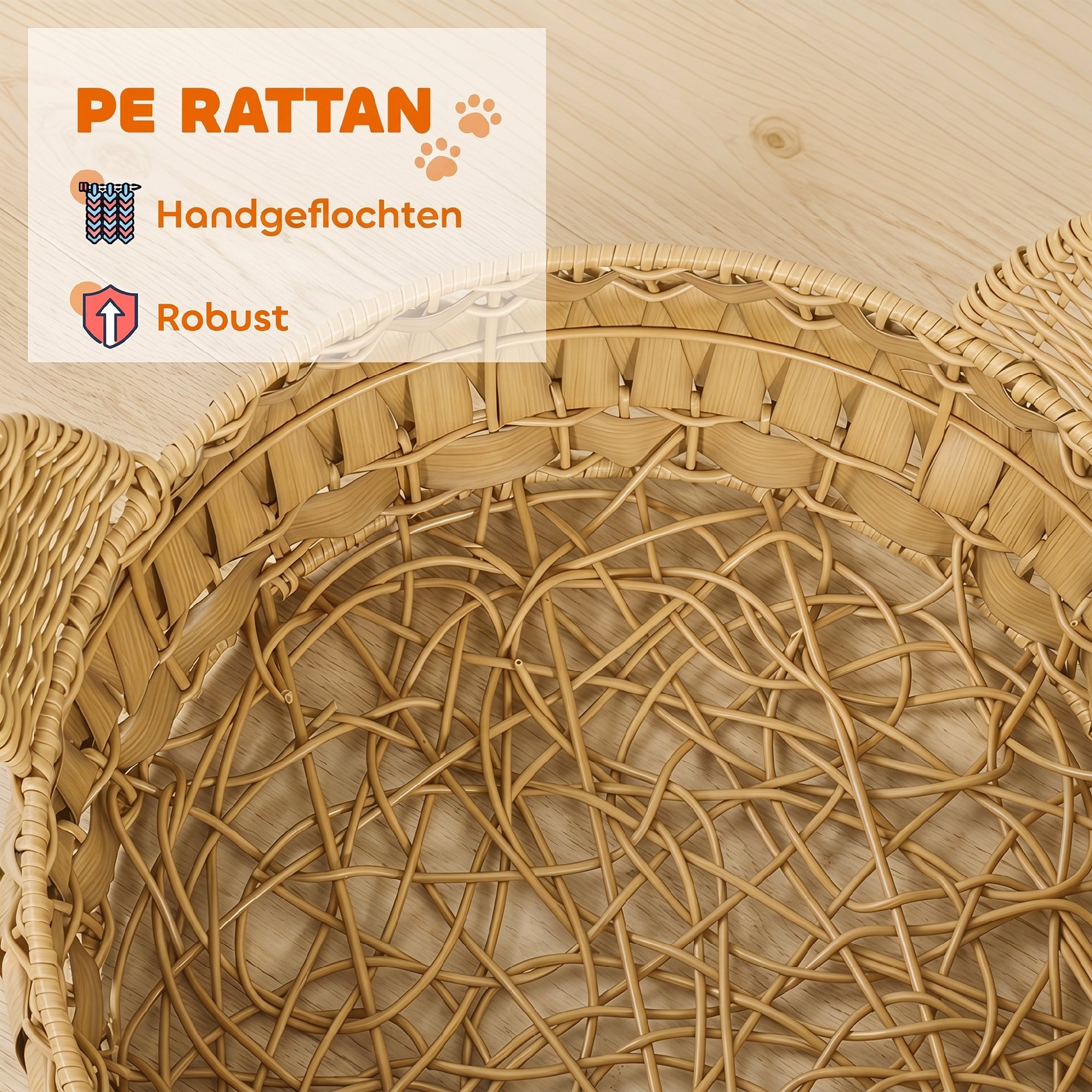 Katzenbett Rattan Katzenhöhle mit abnehmbares Kissen, Katzenkorb für Katzen bis 10 kg, 50 x 50 x 25 cm, Hellbraun