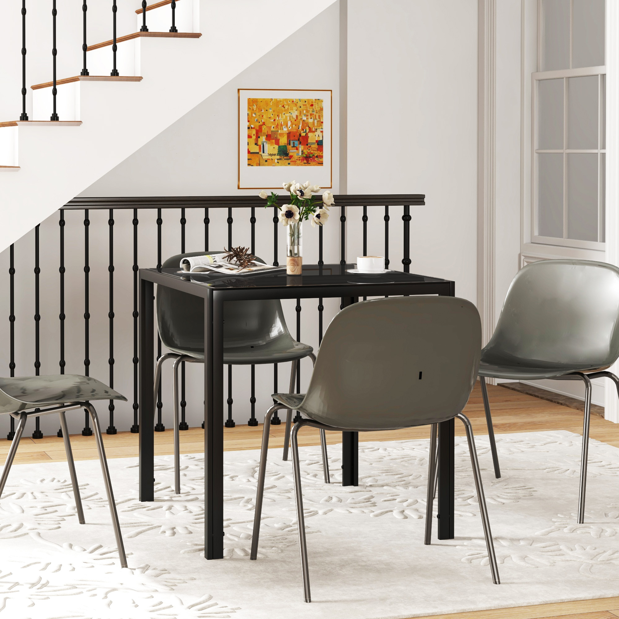 Quadratischer Esstisch für 4 Personen, Tischplatte aus Hartglas, für Küche und Esszimmer, 75 x 75 x 75 cm, Schwarz