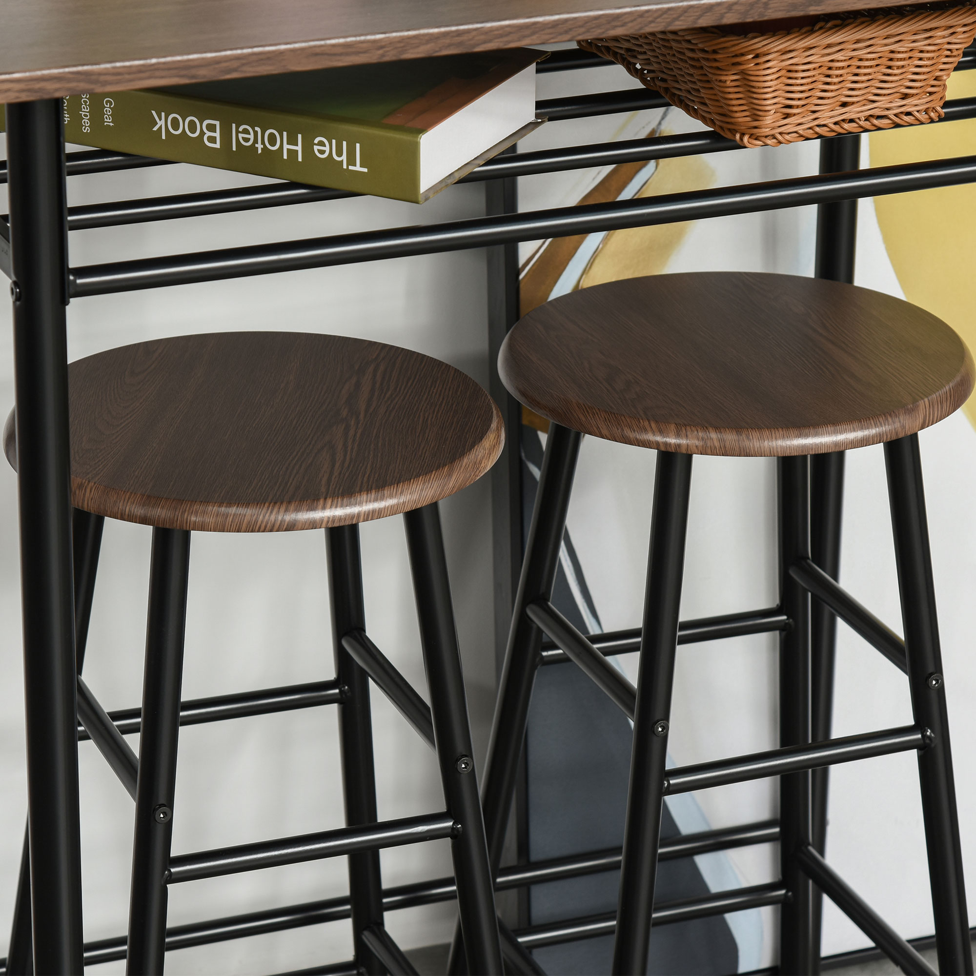 Bargarnitur, 3-teilig, Tisch & 2 Hocker, Regal, Industrie-Design, Schwarz/Eiche