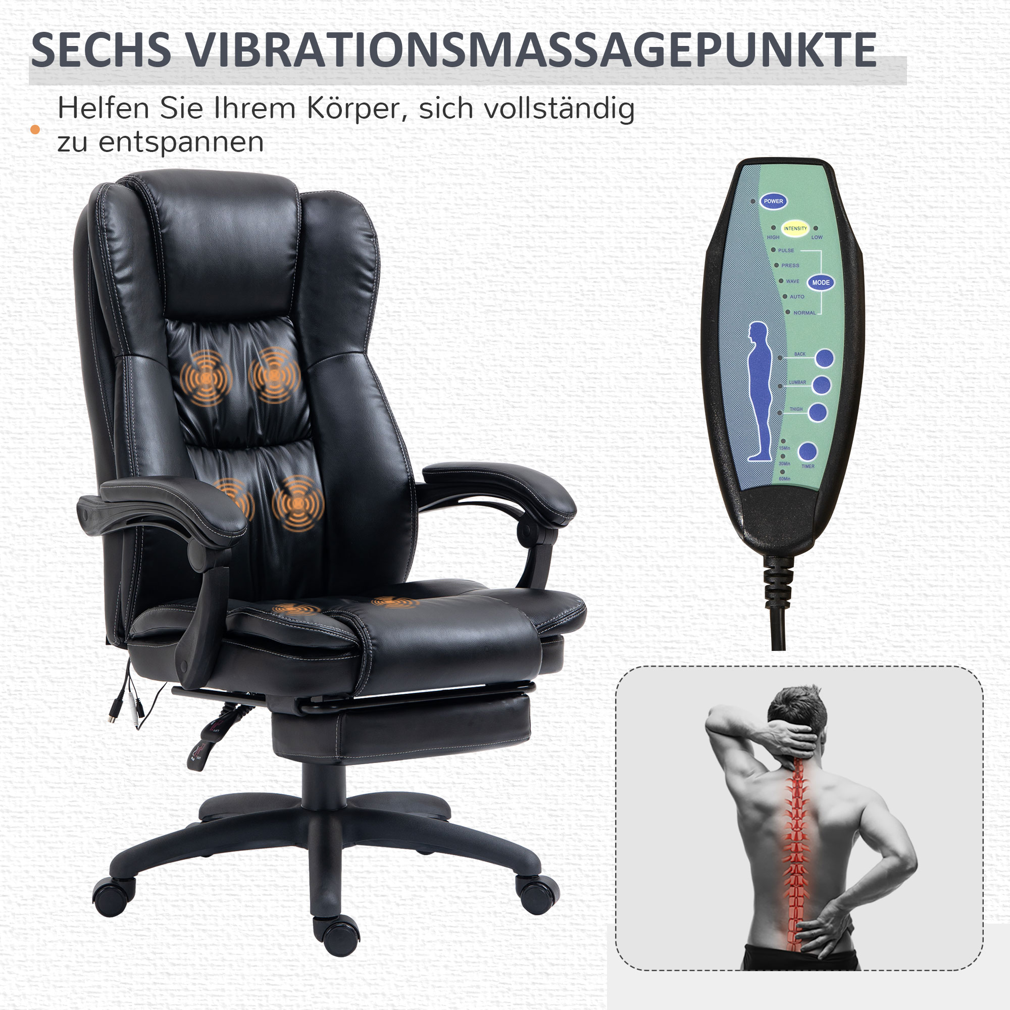 Drehstuhl mit Fußstütze, Kopfstütze, Massagefunktion, Kunstleder, 68,5x68,5x113-121cm, Schwarz
