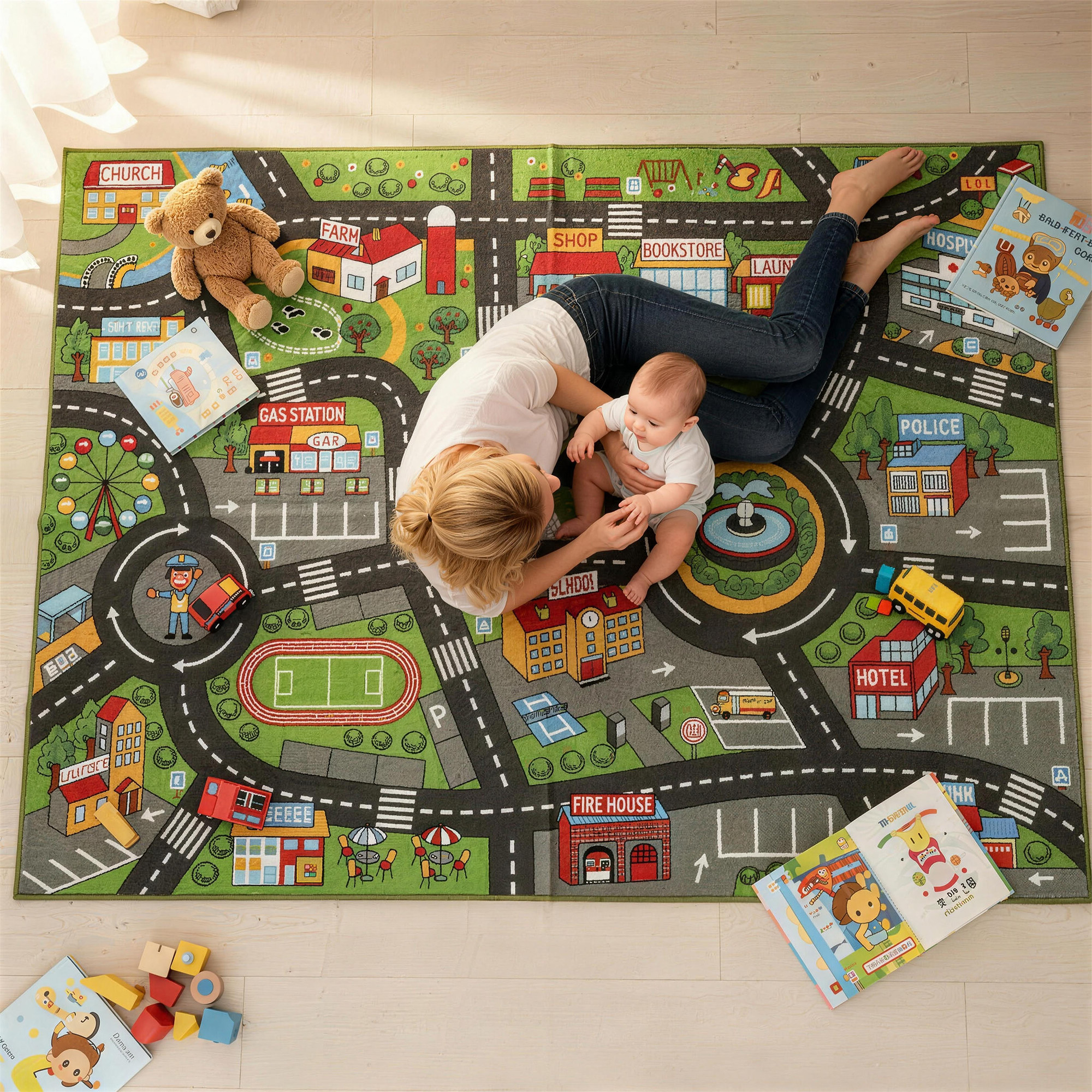 Krabbelmatte Baby, Spielmatte 200x150x0,5cm, Rutschfest Krabbeldecke mit Rutschfester Unterseite Stadtmotiv für Kinderzimmer
