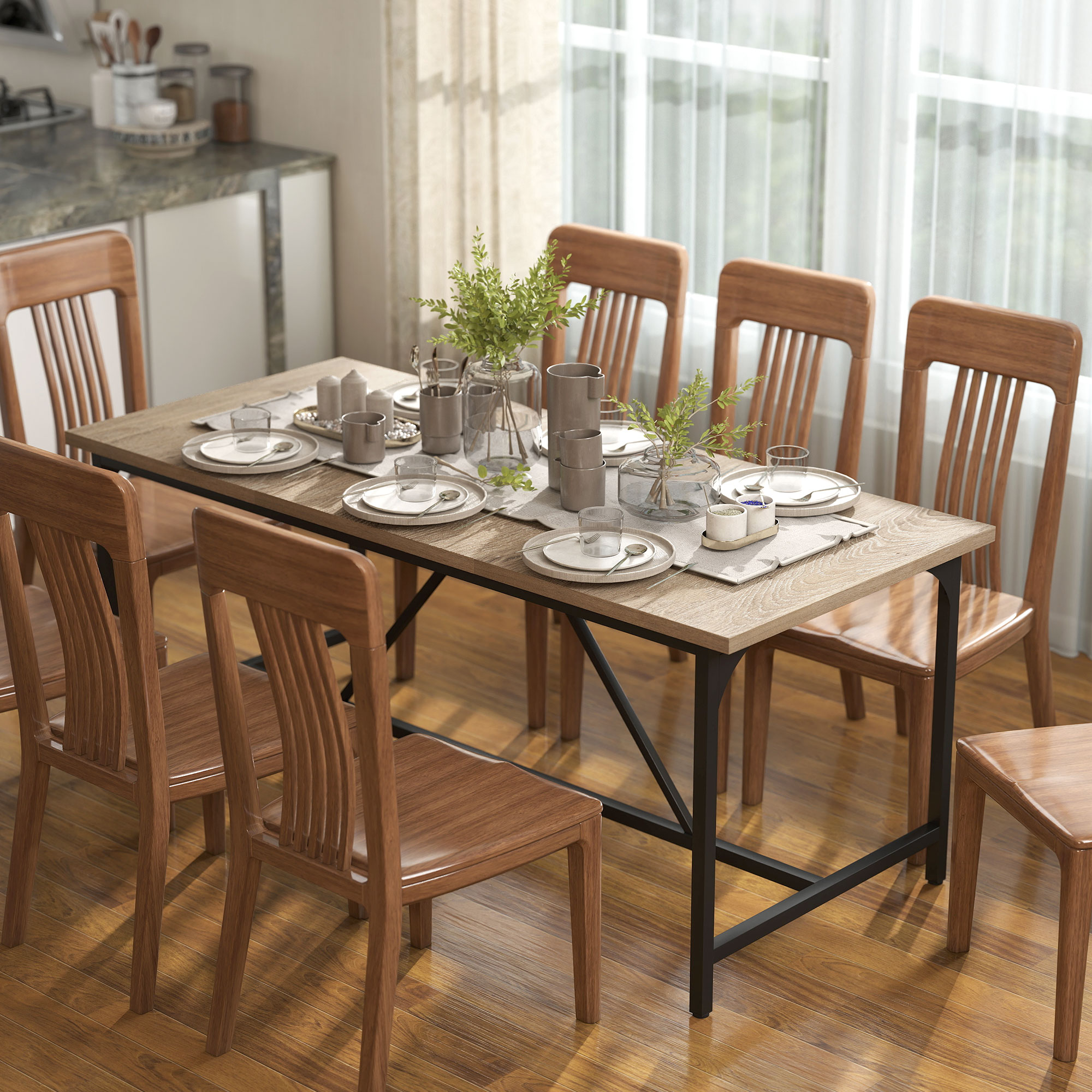 Esstisch für 6-8 Personen Moderner Rechteckiger Küchentisch mit Holzoptik, 180 x 80 x 75,5 cm, Natur