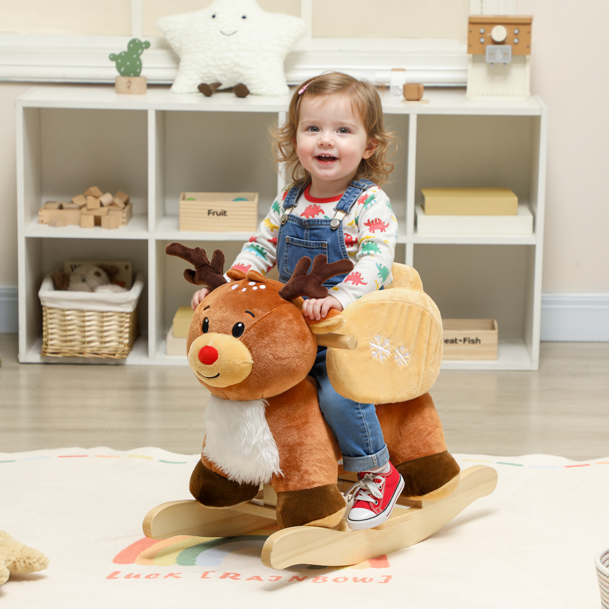 Kinder Schaukelpferd Baby Schaukeltier Rentier mit Schlafliedern, für 18-36 Monate Plüsch 65 x 35 x 59 cm Braun