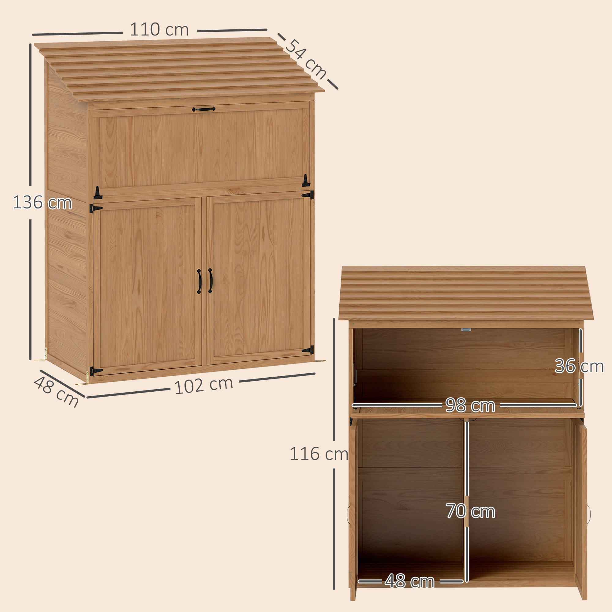 Garten-Aufbewahrungsschrank mit ausklappbarem Tisch, Werkzeugschrank mit Dach, 110 x 54 x 136 cm, Tannenholz, Braun