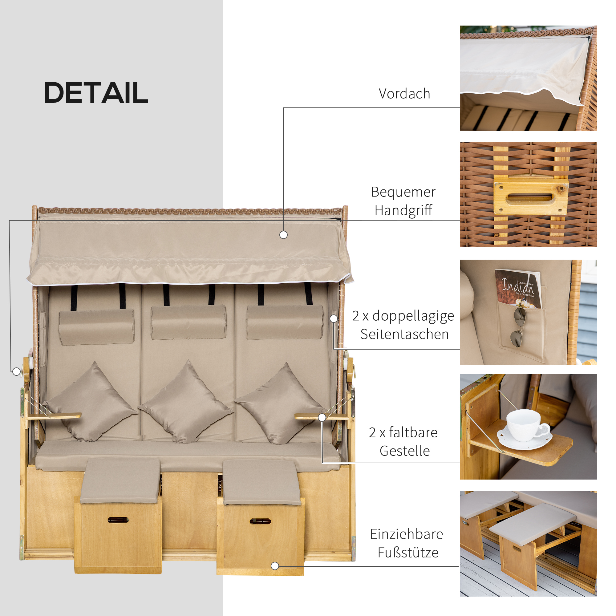 Strandkorb 3-Sitzer Sonnenliege mit Dach 2 Klapptischen Fußstütze Chaiselongue 5-stufige Rückenlehne XXL Polyrattan Natur 150 x 79 x 160 cm