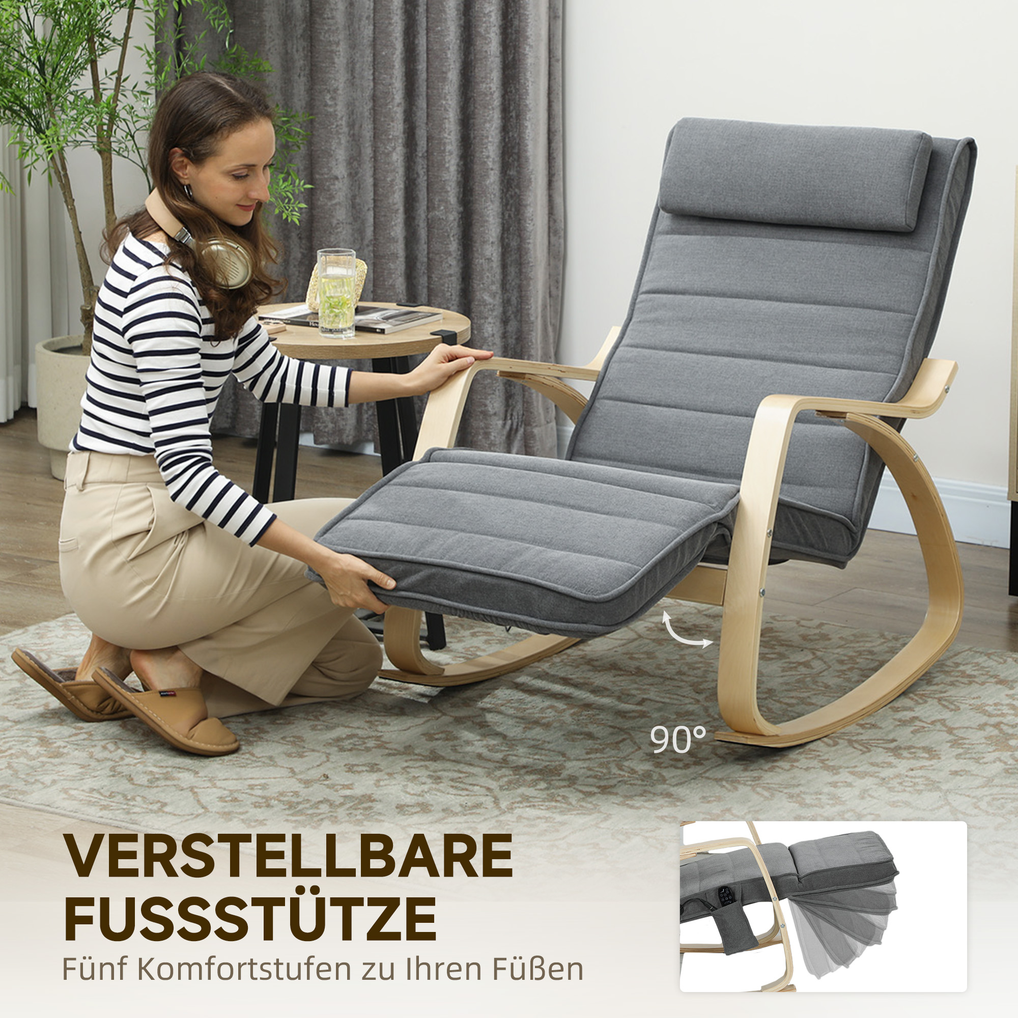 Schaukelstuhl mit Massage-Funktion, Lendenheizung, 3 Modi, Stoffbezug, Grau