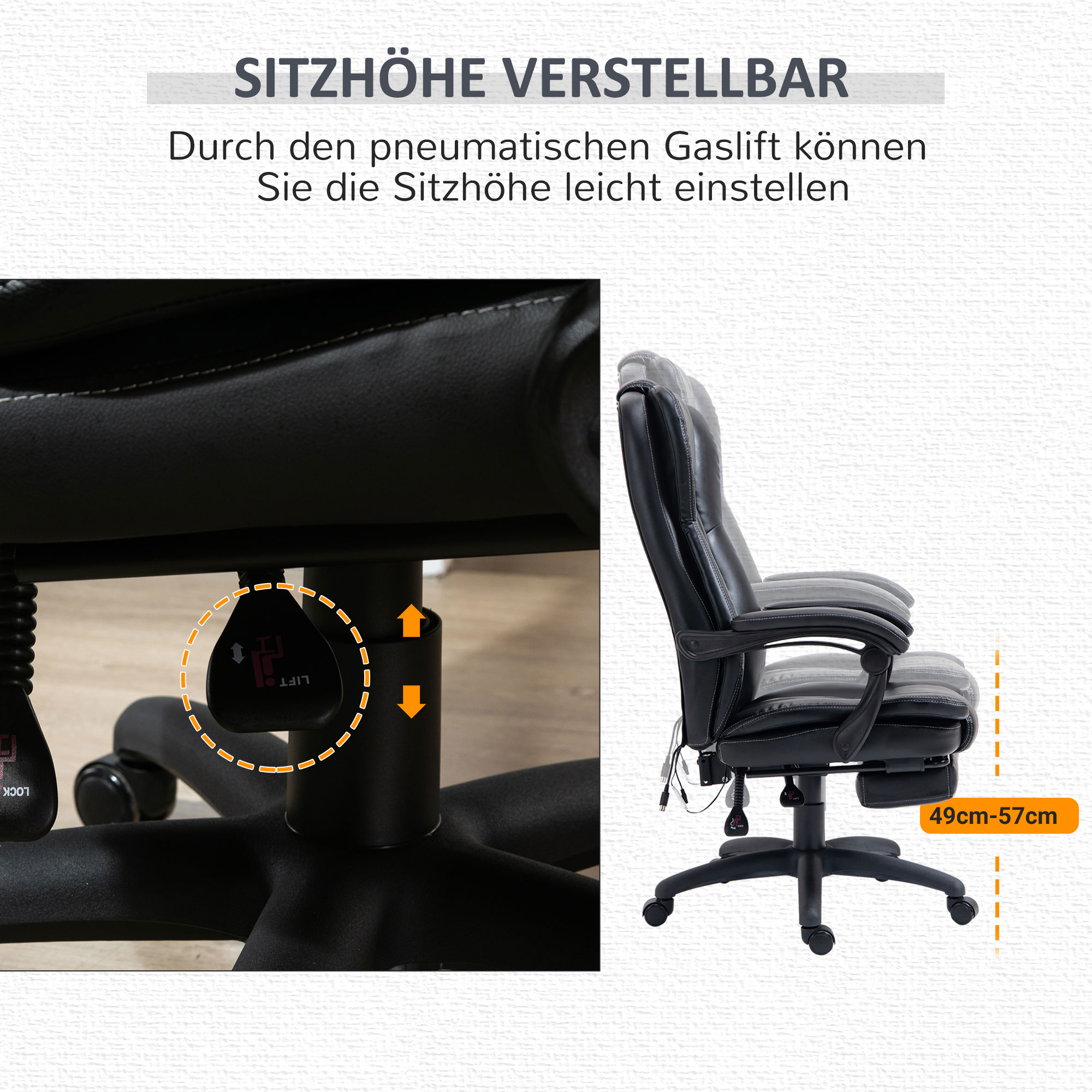 Drehstuhl mit Fußstütze, Kopfstütze, Massagefunktion, Kunstleder, 68,5x68,5x113-121cm, Schwarz