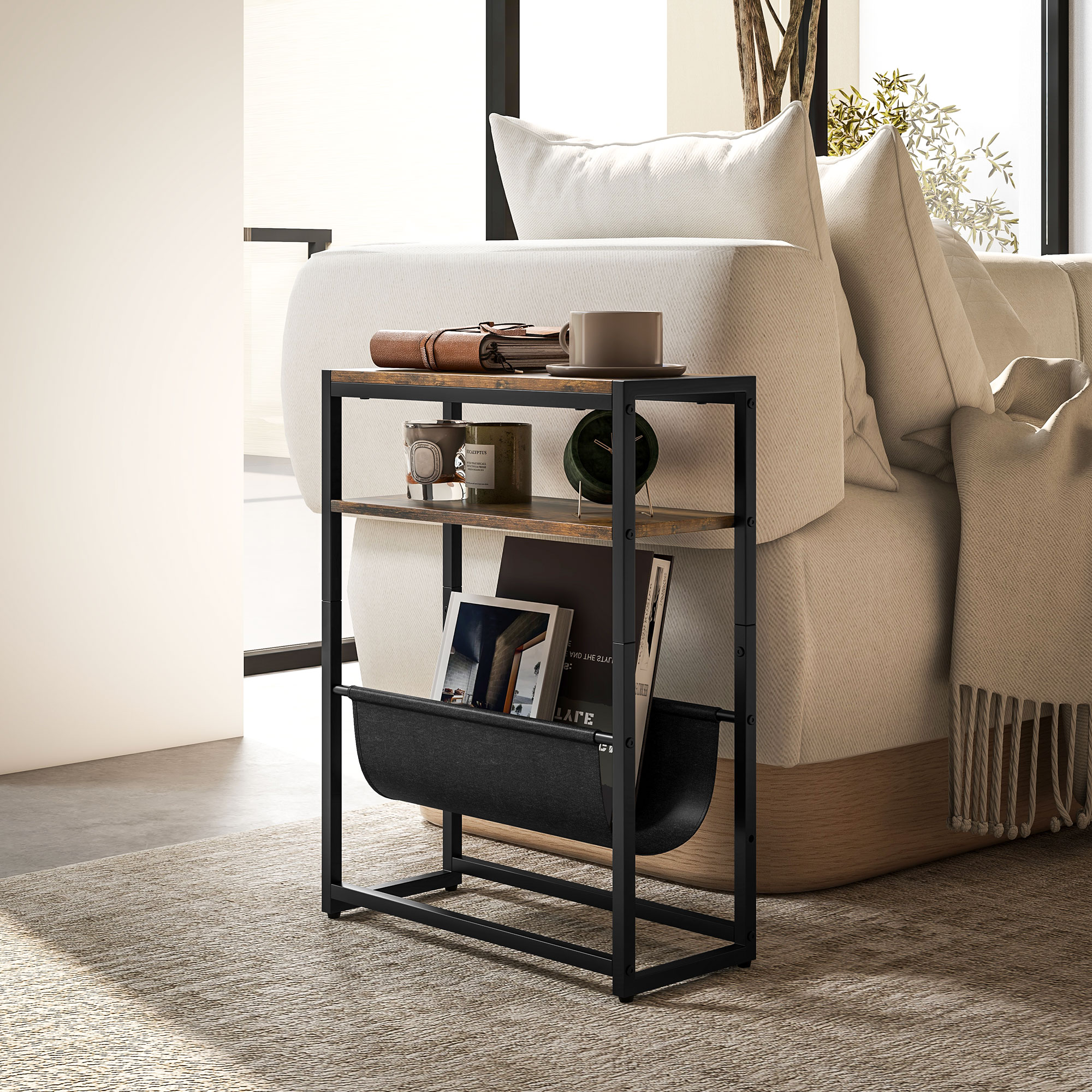 Beistelltisch, Couchtisch mit 3-stufiger Ablage, V-förmigem Magazinhalter 43 x 18 x 56 cm, Rustikal Braun