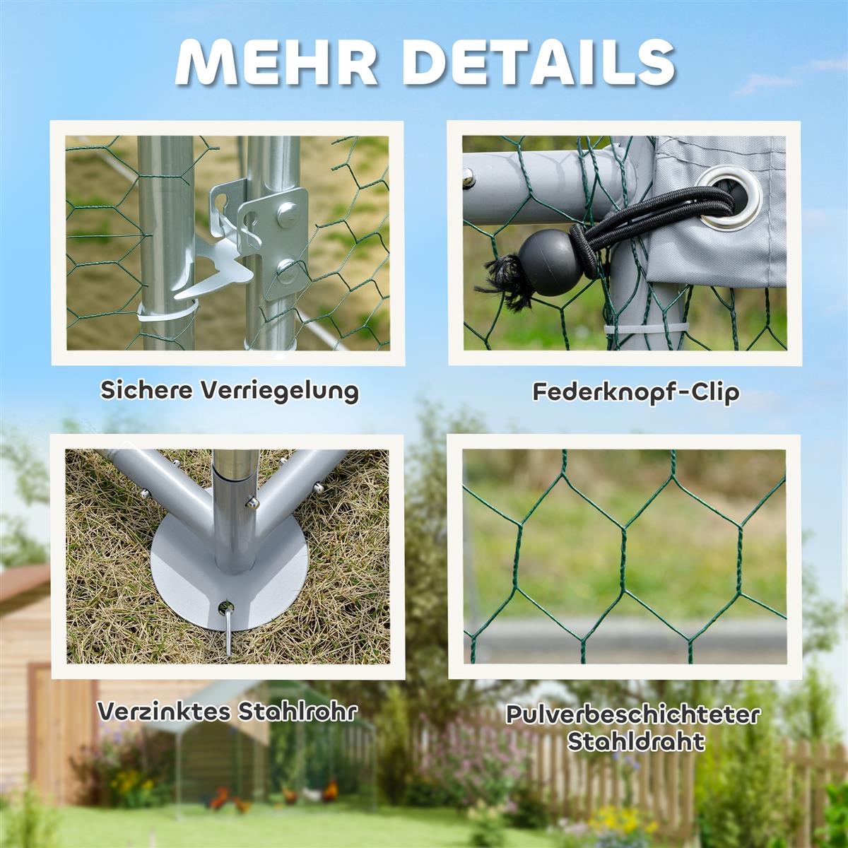 Hühnerauslauf für 5-8 Hühner, Dachplane, verriegelbare Tür, Stahlrahmen, 5,1 m², 3 x 1,7 x 1,9 m