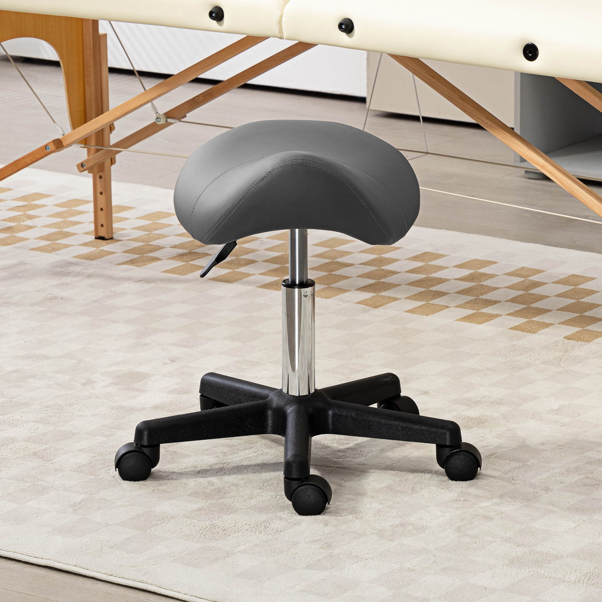 Rollhocker, sattelförmiger Sitz, höhenverstellbar, um 360° drehbar, Kunstleder, grau, 48 x 47 x 45-59 cm