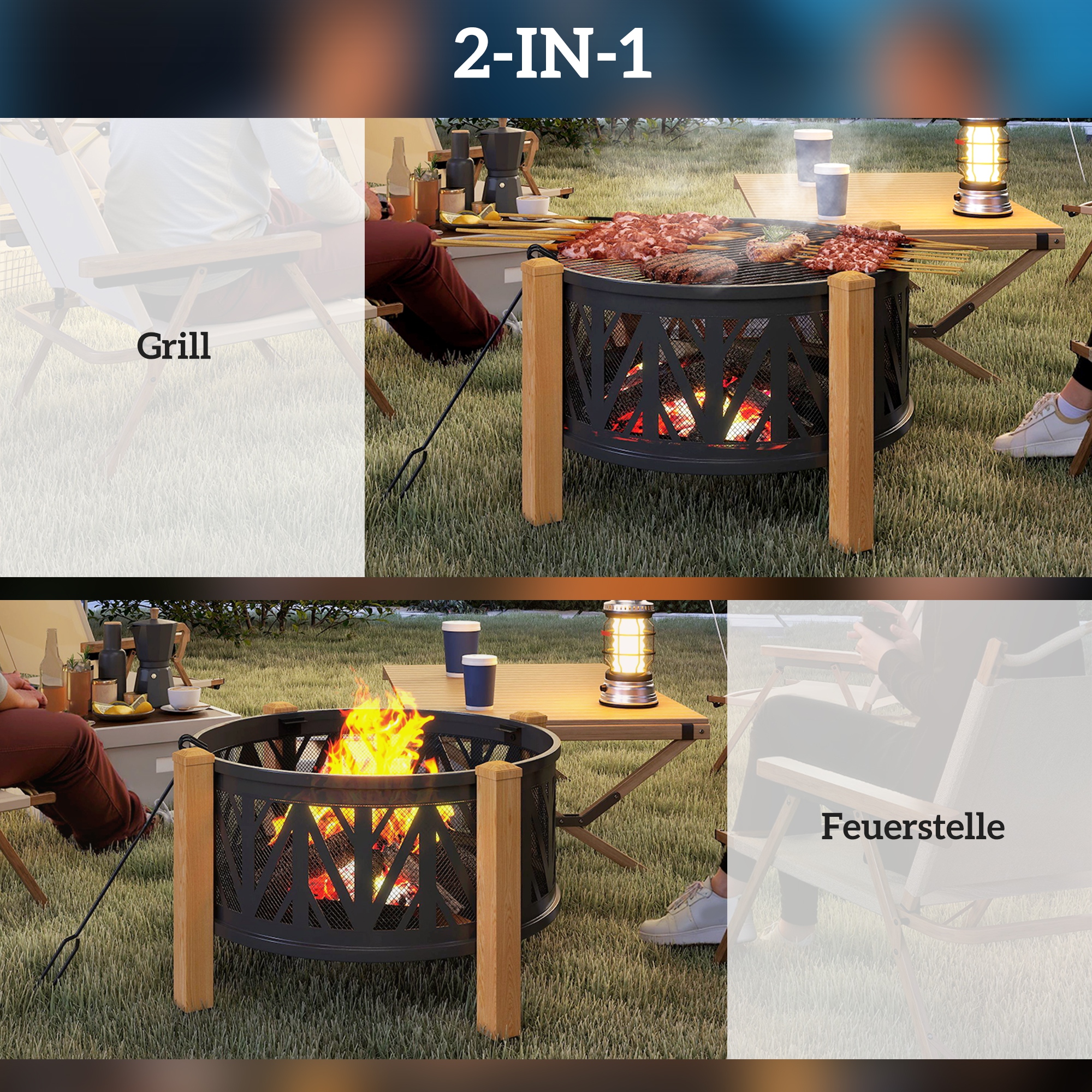 2-in-1 Feuerschale Ø75 x 58 cm Feuerstelle mit Funkenschutz Schürhaken Grillrost Schwarz