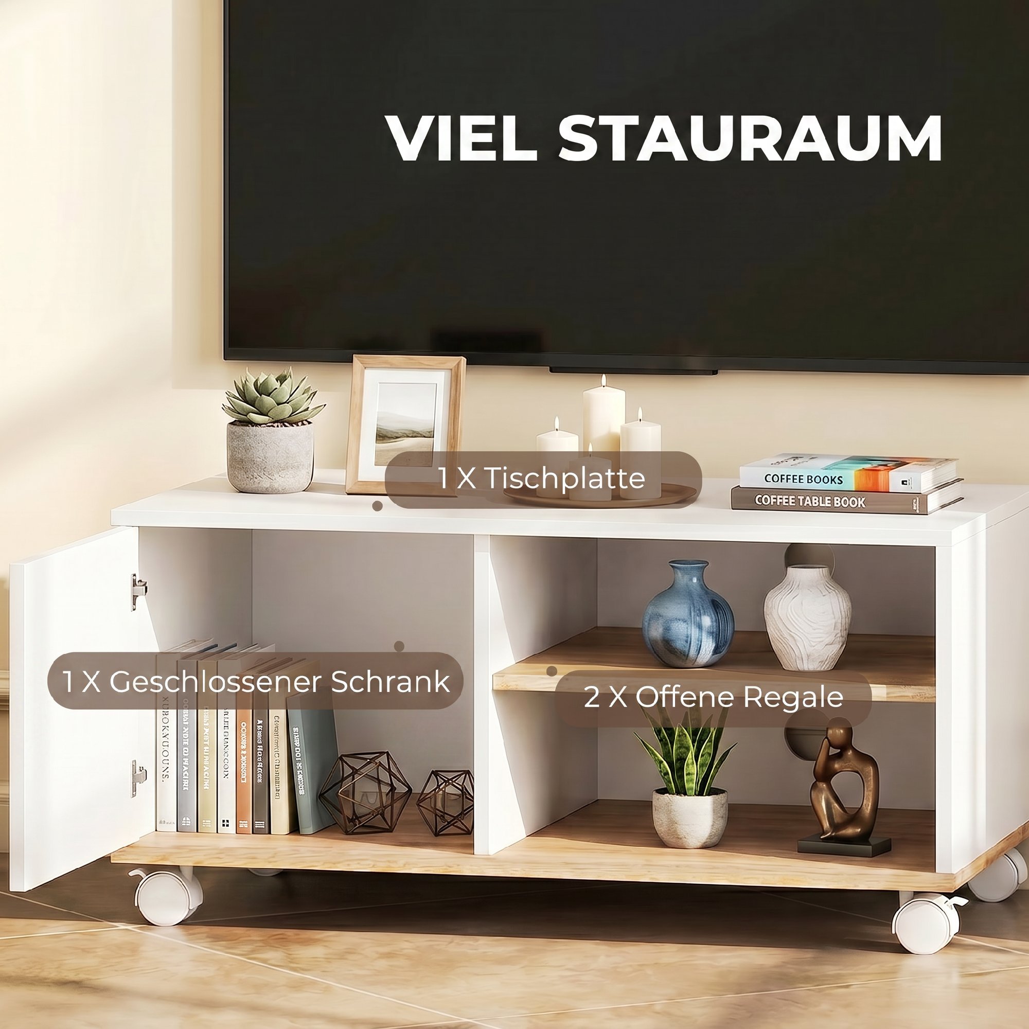 TV-Board auf Rollen mit Bremsen, TV-Möbel mit Schrank und verstellbarer Ablage, Weiß und Eiche