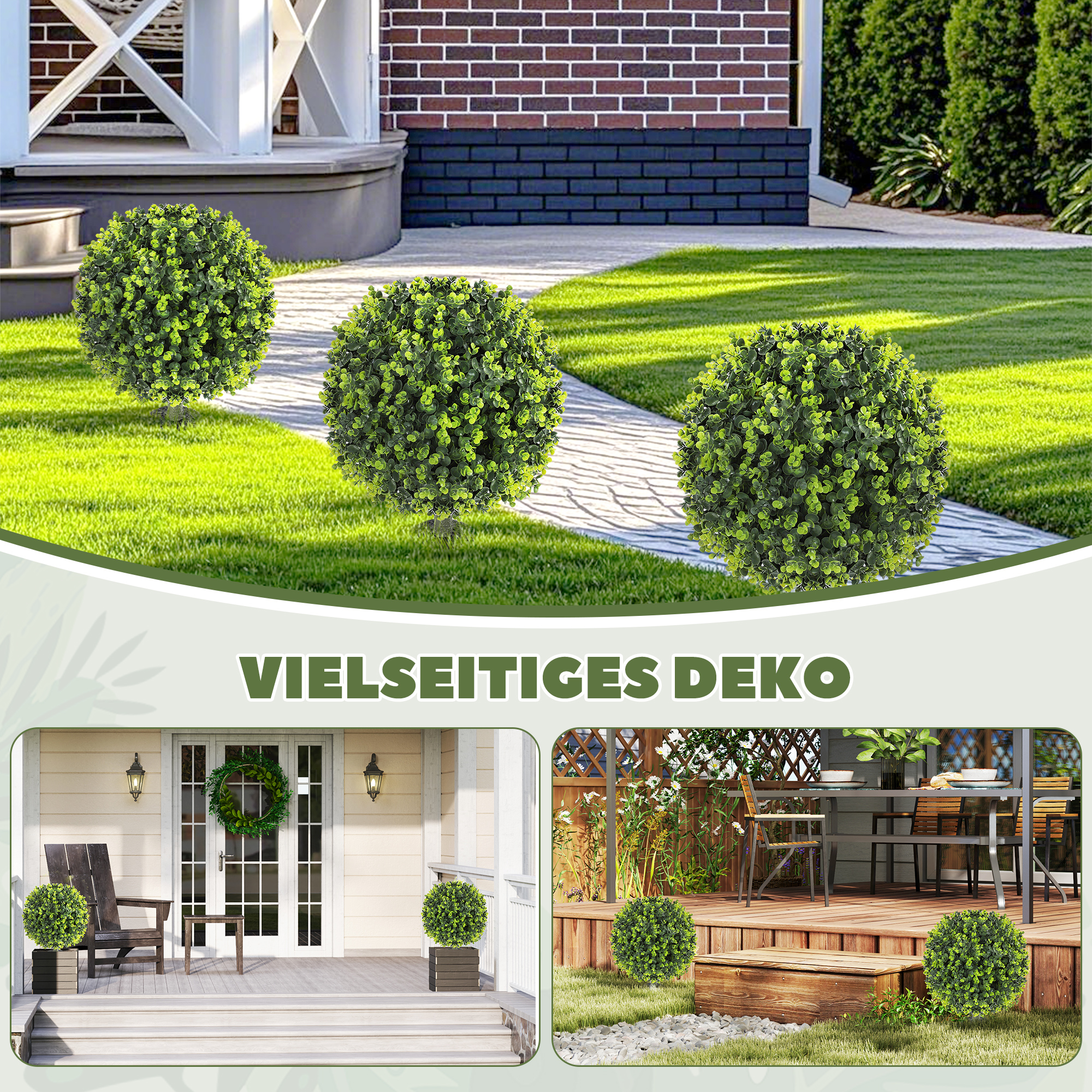 2er-Set Kunstpflanzen, Künstliche Buchsbaumkugeln mit Bodenpfahl, für drinnen und draußen, UV-beständig, Grün